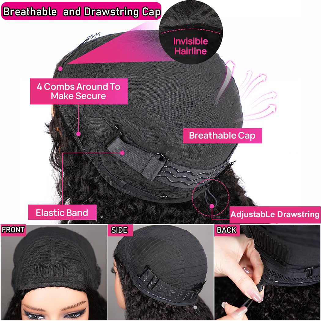 Kinky Curly Half Wig Human Hair 200 Density 3 In 1 Seamless Flip Over Half Wigs Human Hair Glueless Wear and Go Beginner Friendly Kinky Curly Wig Human Hair Drawstring Headband Wig for Women 20 Inch