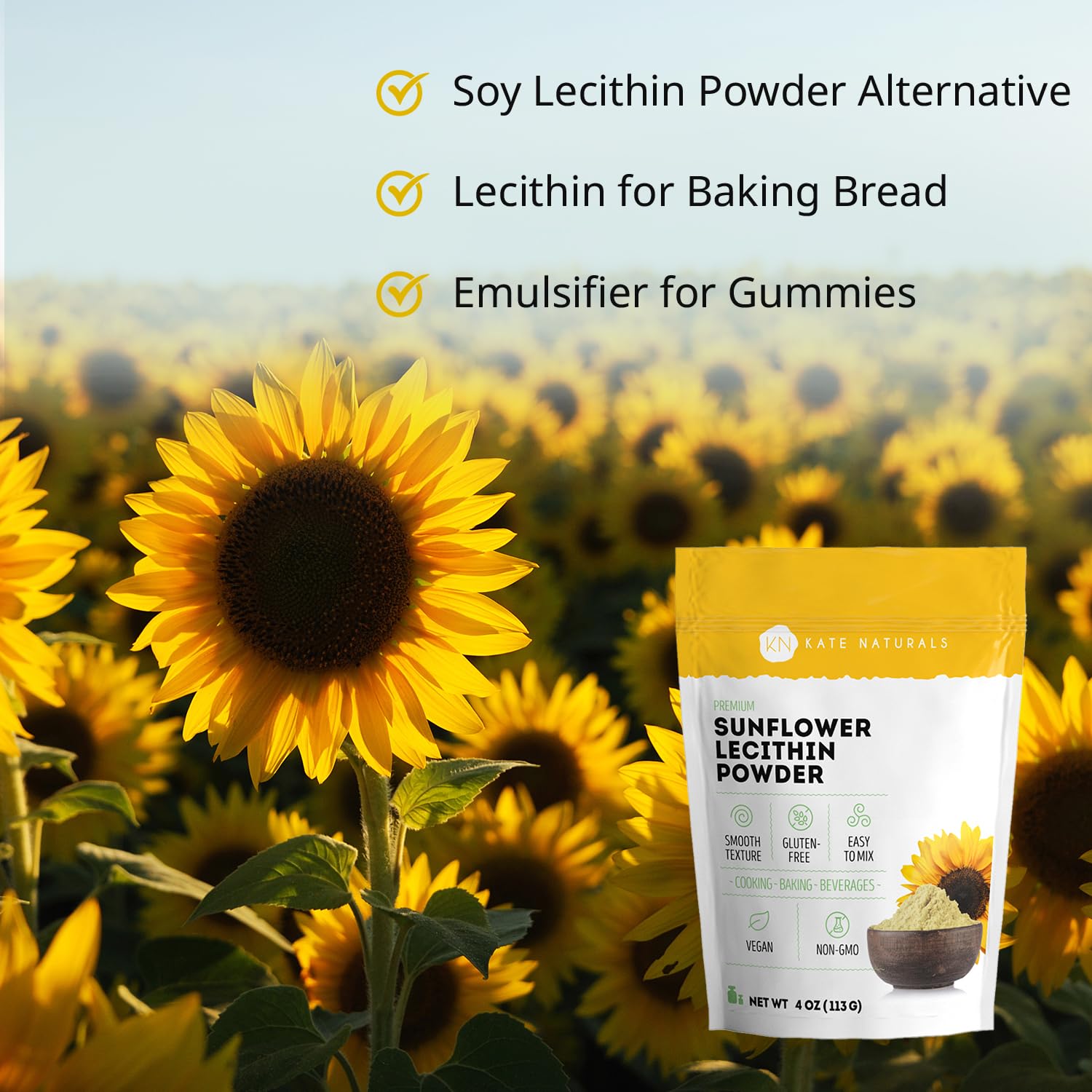 Kate Naturals Sunflower Lecithin Powder for Baking Bread, Gummies, Cooking. Substitute for Soy Lecithin Powder (4 oz, Non-GMO)
