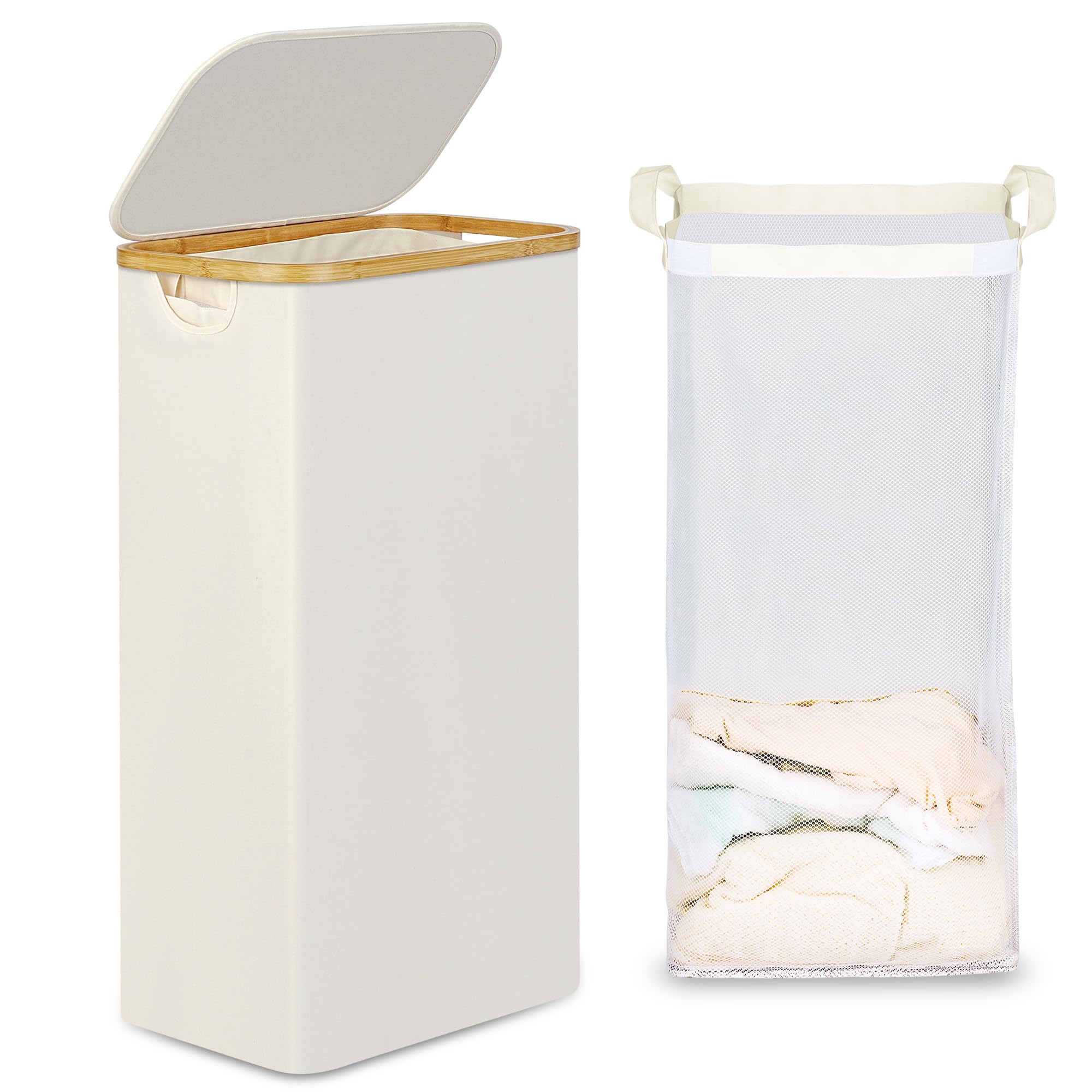 efluky Slim Laundry Basket with Lid, Narrow Laundry Hamper with Removable Bag, Skinny Dirty Clothes Basket with Bamboo Handles for Bathroom, Bedroom & Laundry Room, 75L Beige