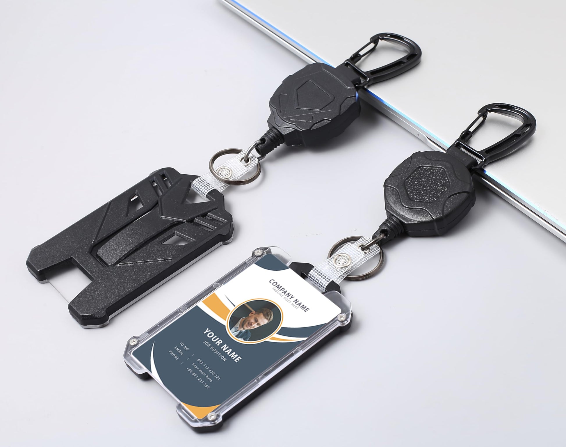 Badge Holder Retractable Clip Heavy Duty Carabiner Badge Reel Keychain with Lanyard ID Cards Holder Cool Tactical ID Holder
