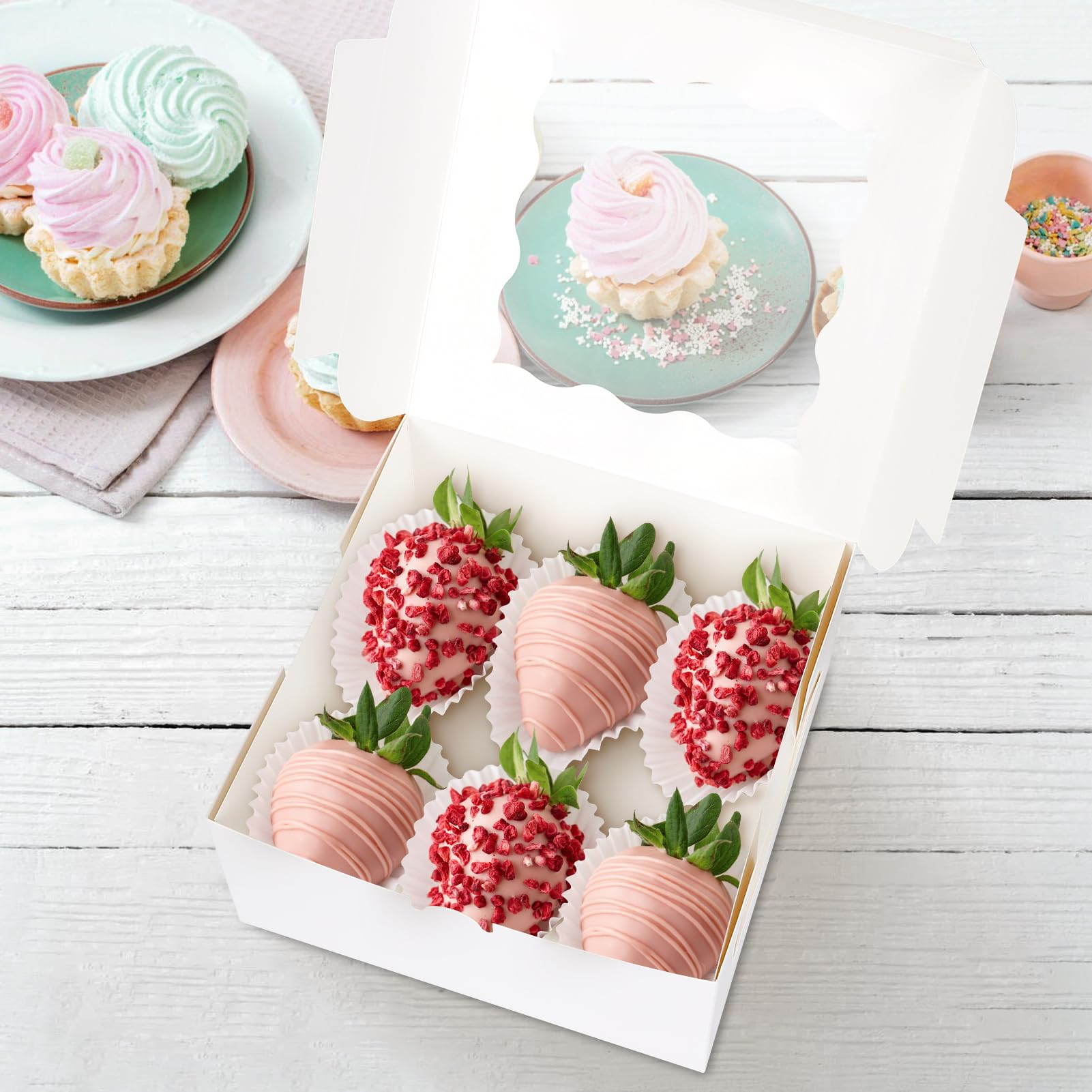 Colovis 30 Pcs White Bakery Boxes with Window, 6 X 6 X 3 Inches, White Paperboard Treat Boxes for Cookies, Pastry, Cookies, Strawberries, Macarons