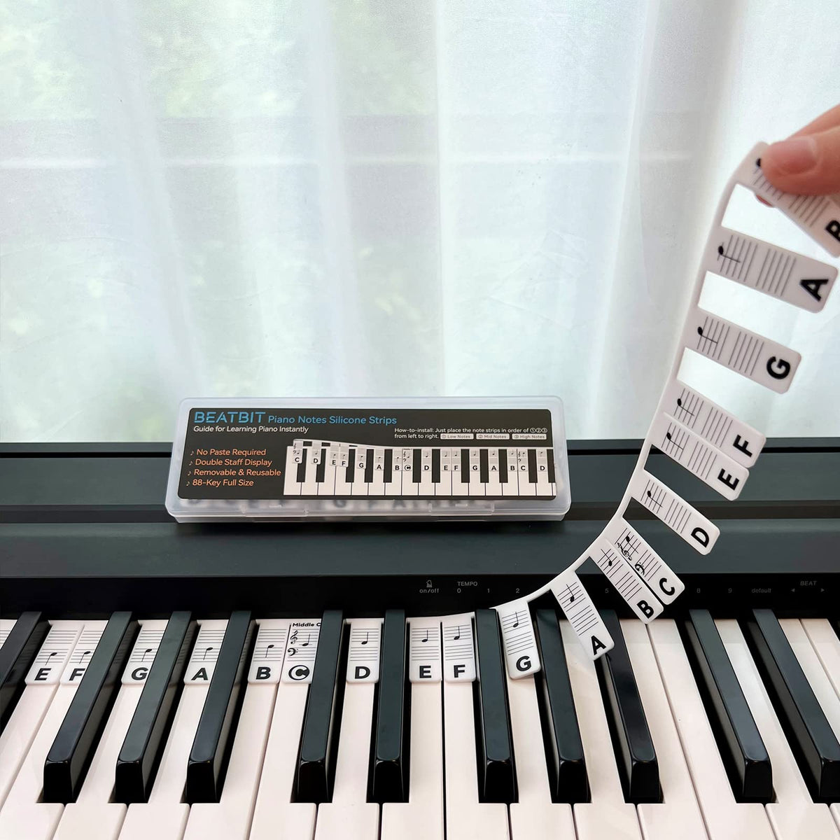 BEATBIT Piano Notes Guide for Beginner, Removable Piano Keyboard Note Labels for Learning, 88-Key Full Size, Made of Silicone, No Need Stickers, Reusable and Comes with Box (Classic Black)