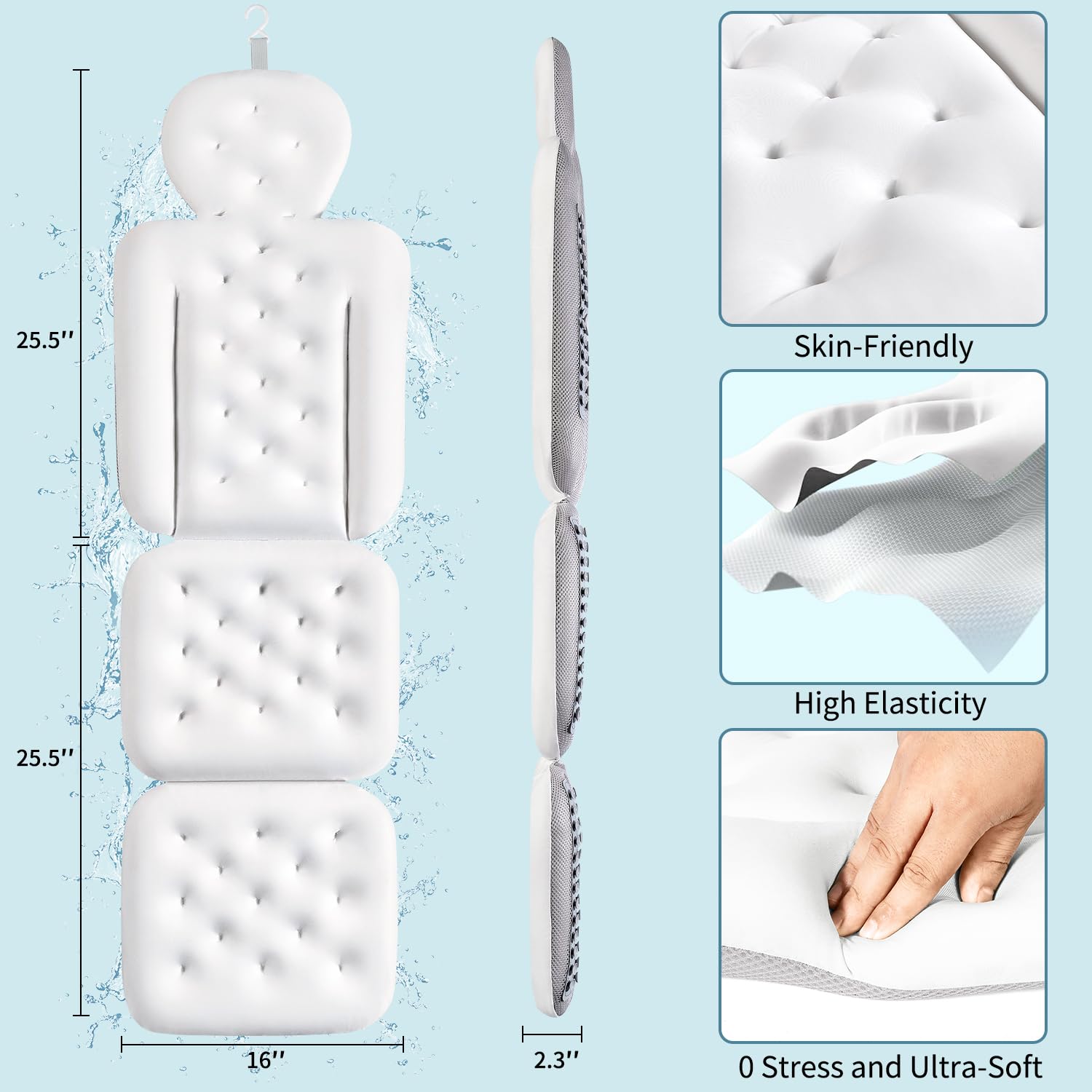 Full Body Bath Pillow for Bathtub, Thick Bathtub Cushion with Laundry Bag, Luxury Tub Pillow for Bath for Headrest Neck and Back Support White 51" x 16"