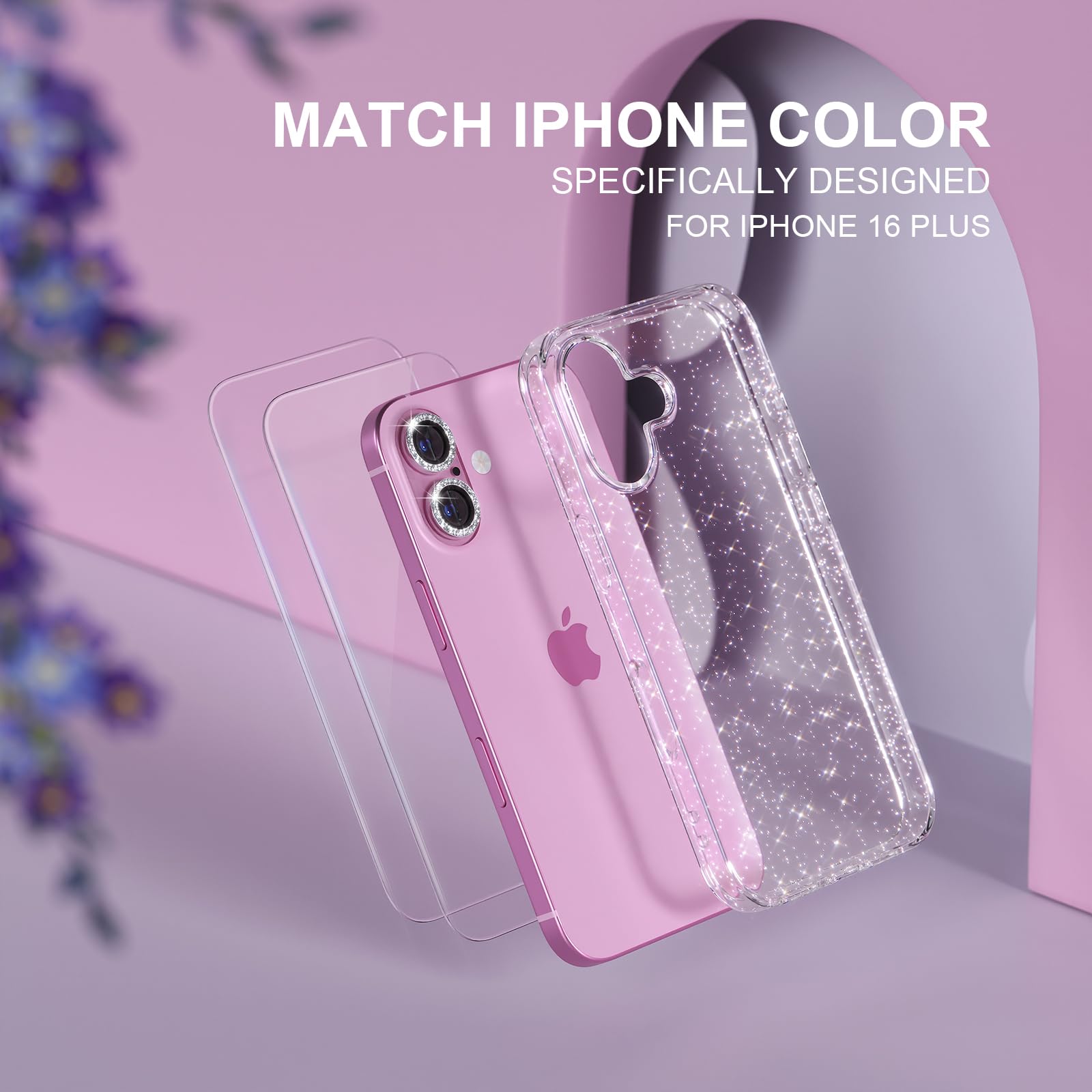 Choiche Compatible for iPhone 16 Plus Case Women Phone Case, Cute Bling Sparkly, Military Grade Drop Protection, 2 Diamond Camera Lens Covers, 2 Tempered Glass Protectors, 6.7 inch (Glitter Clear)