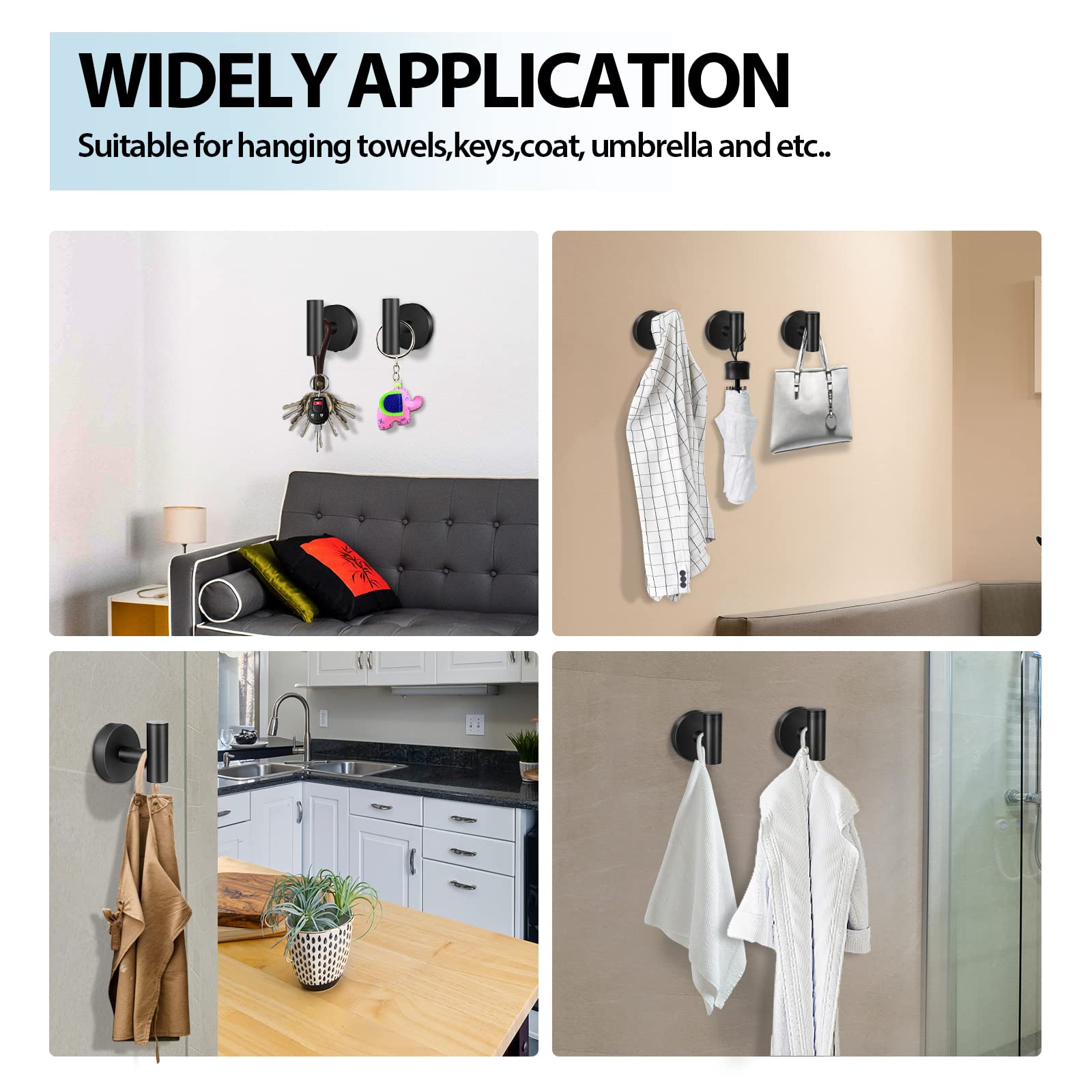 Kruodop Towel Hooks for Bathroom,2 Packs Wall Mount Towel Holder,Black Matte Wall Robe Hook,Stainless Steel Heavy Duty Door Hanger Towel Hook for Kitchen, Bedroom,Hotel,Pool,Coats(Drilling)