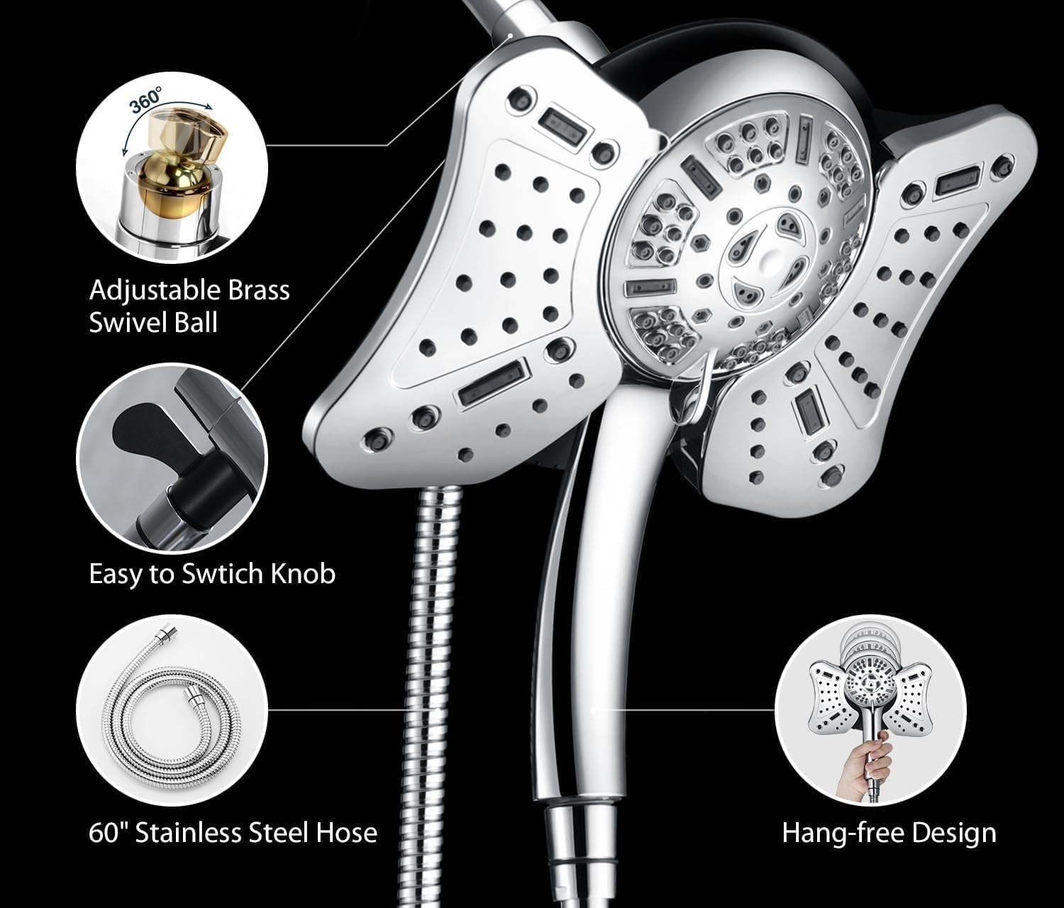 GRICH 2.5GPM Shower Head with Handheld Spray Combo: 2 in 1 Rainfall Shower Heads high pressure & Handheld Shower Head, 9 Spray Modes/Settings Detachable Shower Head with 60 Inch Hose