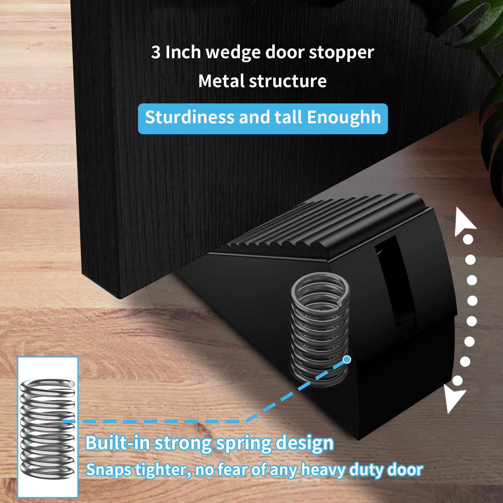 Strongest Heavy Duty Door Stopper Wedge - Spring Large Door Stoppers, Tall Door Stoppers for Bottom of Doors, Door Stop Rubber for Extra Strong Grip, 3 Inches High Metal Doorstop Suits Any Heavy Door