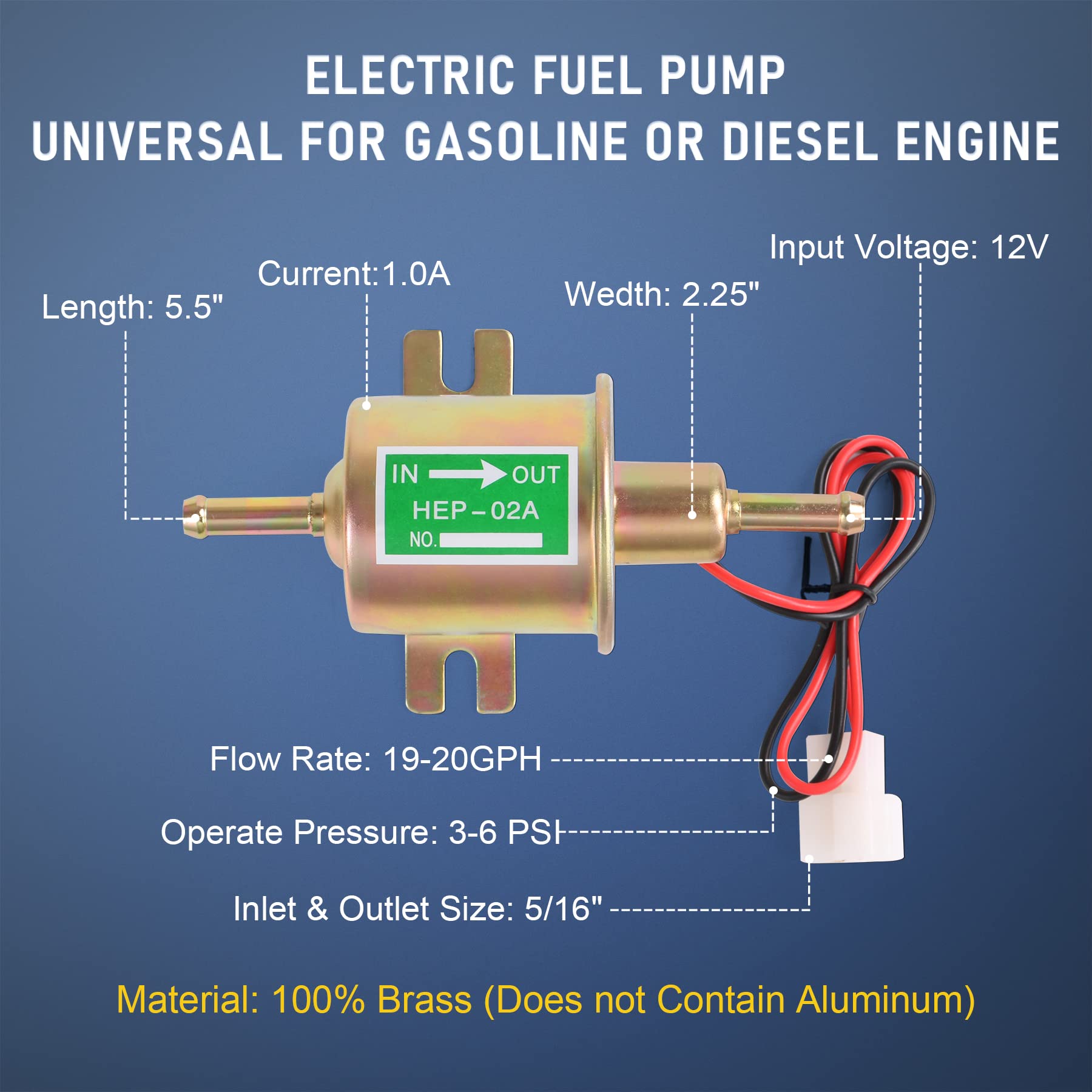 Universal Electric Fuel Pump Kit 12v 3-6 PSI Low Pressure with Fuel Filter 6.56 FT 5/16" ID Fuel Line Replacement For Carburetor Lawn Mower Gas Diesel Fuel Transfer Pump