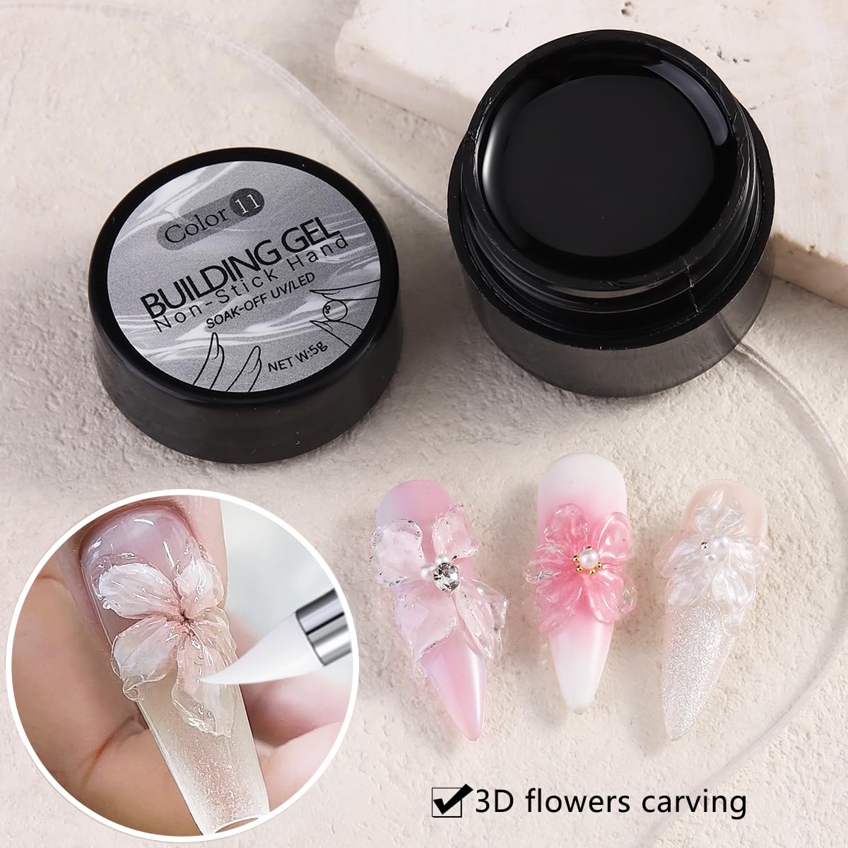 Fcozpjk 2PCS Clear 3D Sculpting Gel Kit - Non-Sticky Hand Carving Gel with Silicone Pen for Nails 3D Flowers Nail Design Manicure Salon Supplies