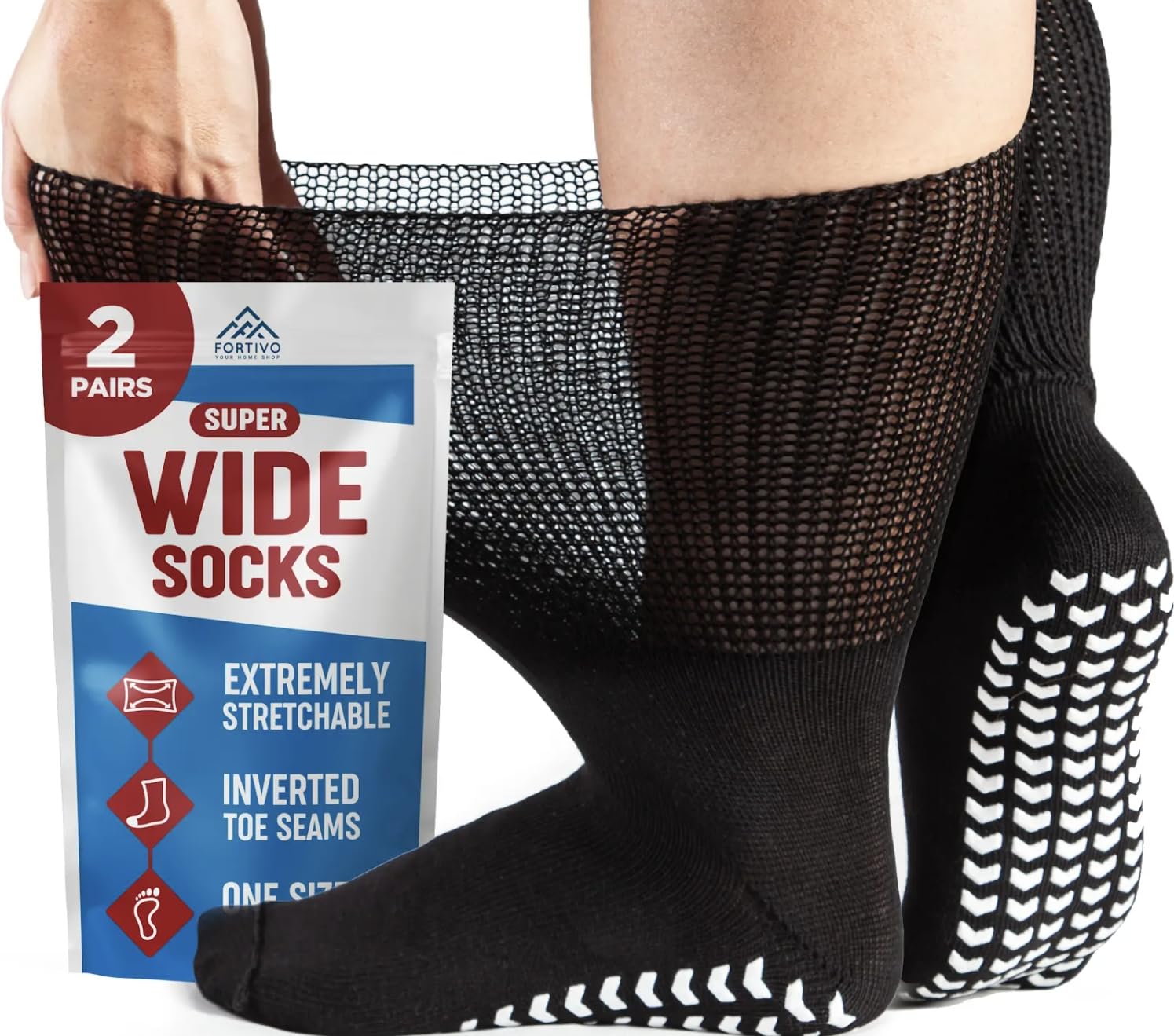 2 Pairs Extra Wide Socks For Swollen Feet, Non-Slip Hospital and Diabetic Socks for Men and Women