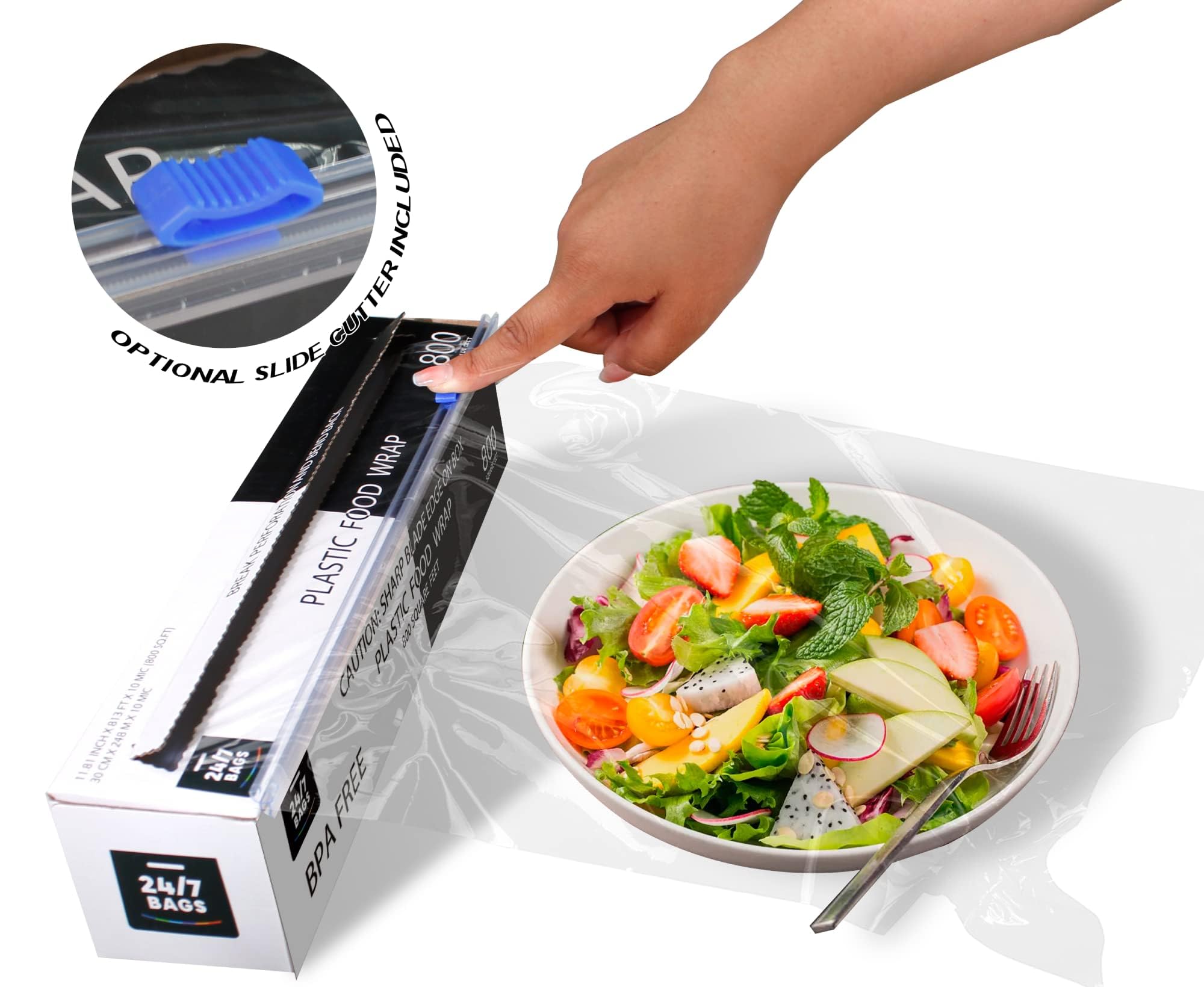 Plastic Food Wrap- 800 SQ. FT. BPA-Free, Includes Optional Slide Cutter, Extra Cling And No Mess, Clear