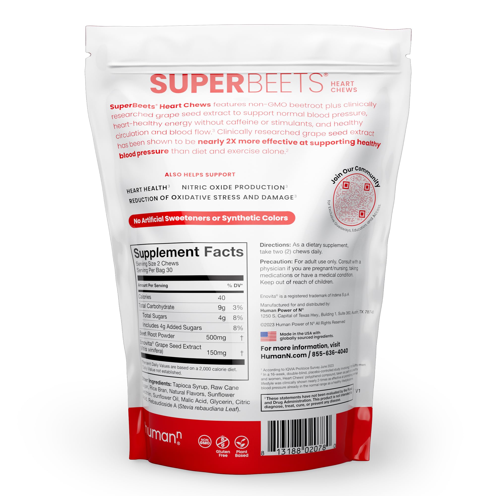 HumanN SuperBeets Heart Chews, Nitric Oxide and Blood Pressure Support, Grape Seed Extract & Non-GMO Beet Root Powder Energy Supplement, Pomegranate Berry Flavor, 60 Count