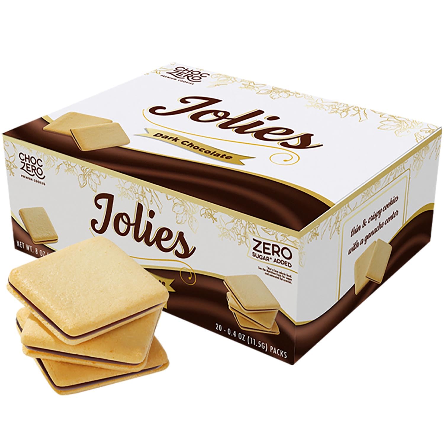 ChocZero Chocolate Cookies, Dark Chocolate Jolies, Gluten Free, No Added Sugar, 20 Crispy Chocolate Filled Keto Cookies Per Box, 8 Ounce (Pack of 1)