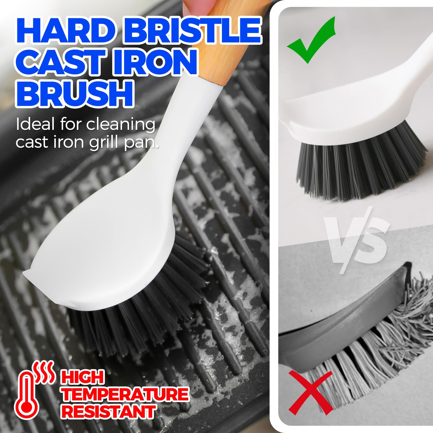 Holikme 3 Pack Dish Brush Set with Bamboo Handle, Kitchen Brushes for Cleaning Pot, Sink and Stove, Skillet Scrubber with Tough Bristles for Cast Iron Grill Pan, Yellow White Black