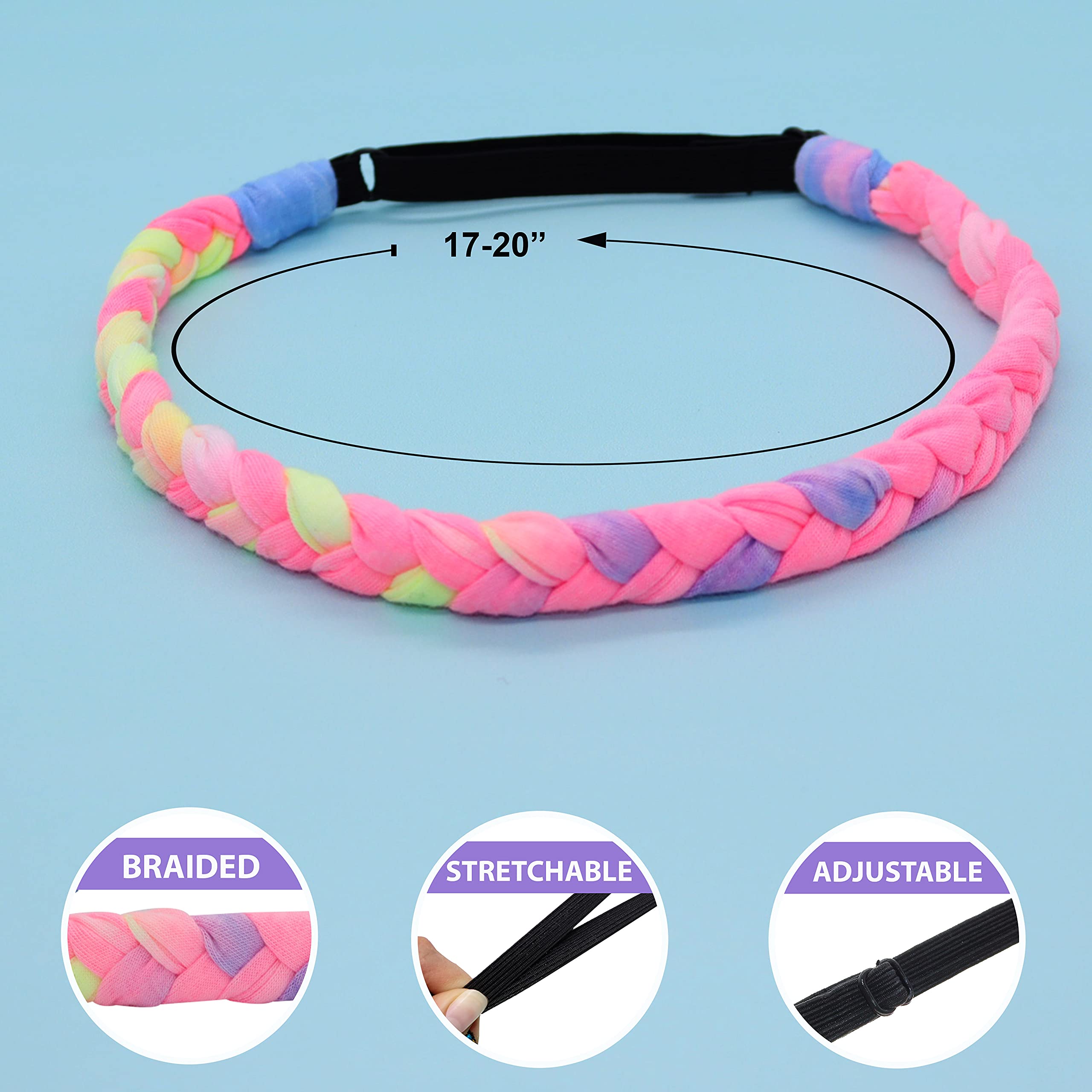 FROG SAC 4 Braided Headbands for Girls, Adjustable Rainbow Tie Dye Braid Head Bands for Kids, Stretch Elastic Cloth Fabric Hairbands Accessories for Women, Teen Easter Basket Fillers Stocking Stuffers