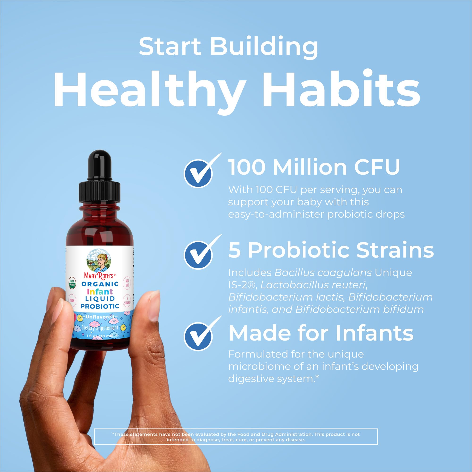 MaryRuth Organics USDA Organic Infant Liquid Probiotic Drops | Baby Essentials | Probiotics for Infants | Baby Probiotic Drops | Proprietary Probiotic Blend | Vegan | Non GMO | 125 Servings