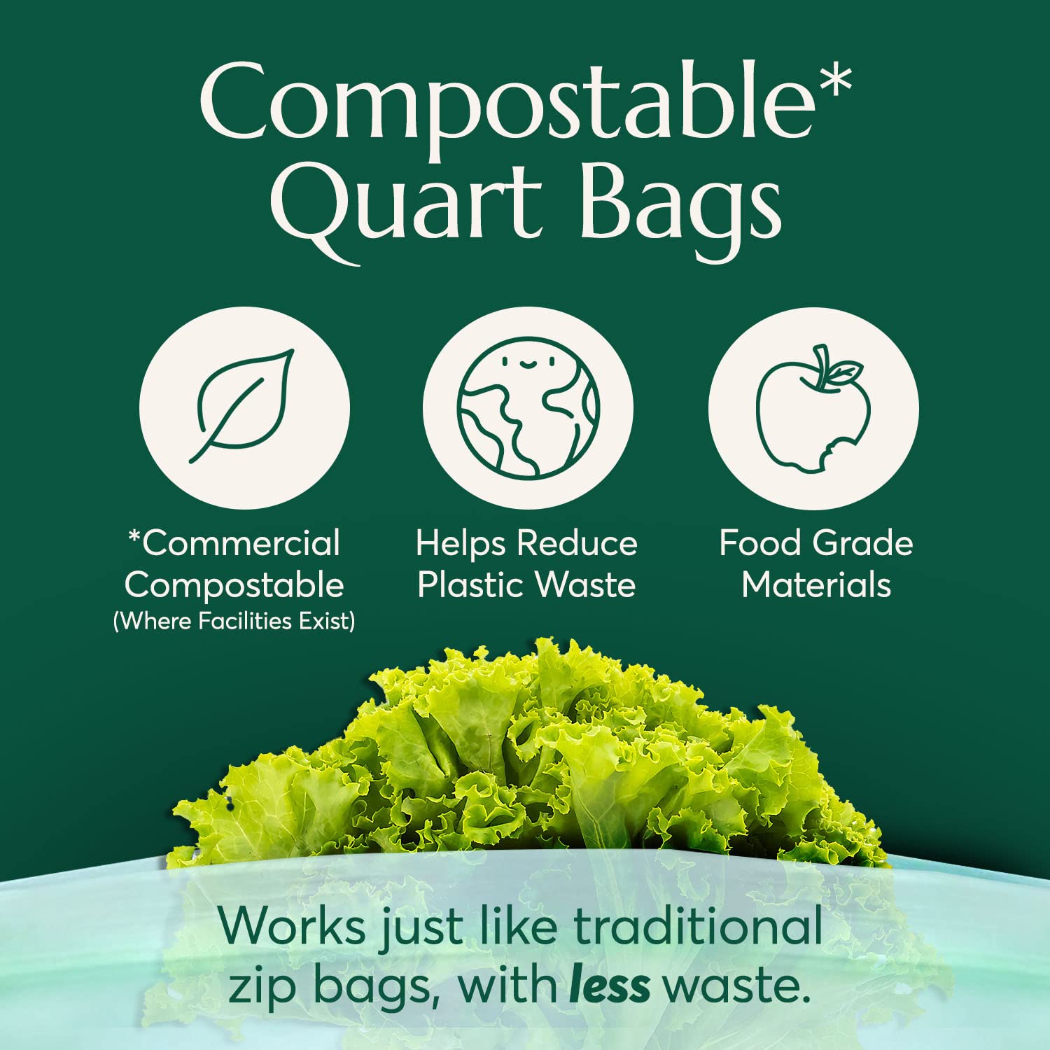 Cleanomic Compostable* Quart Size Food Storage Bags (25 Eco Zip) Freezer and Leak Proof, Also Available Gallon, Snack and Sandwich Size Bags
