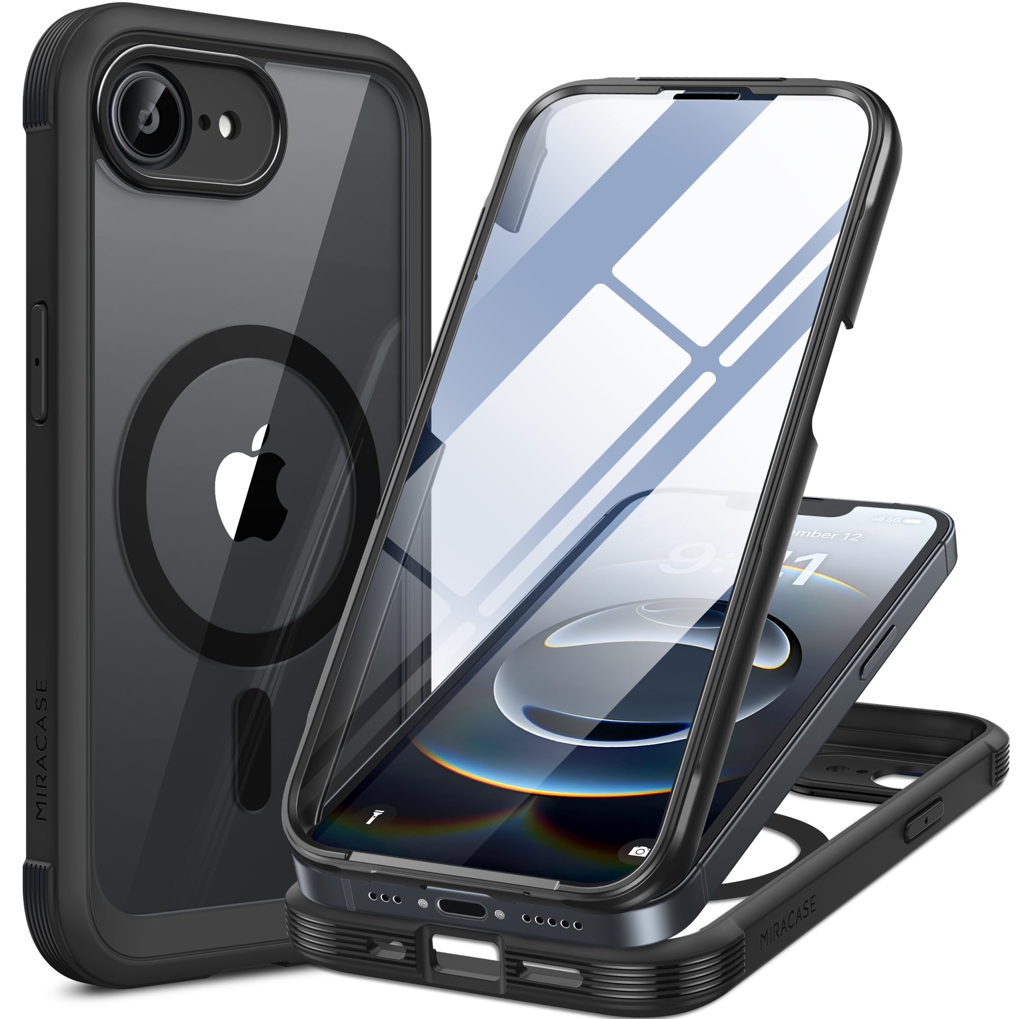 Miracase Magnetic for iPhone 16e Case Full-Body Phone with Built-in Glass Screen Protector, [Compatible with MagSafe] Military Drop Proof 16 E Cover Bumper 6.1 inch, Black