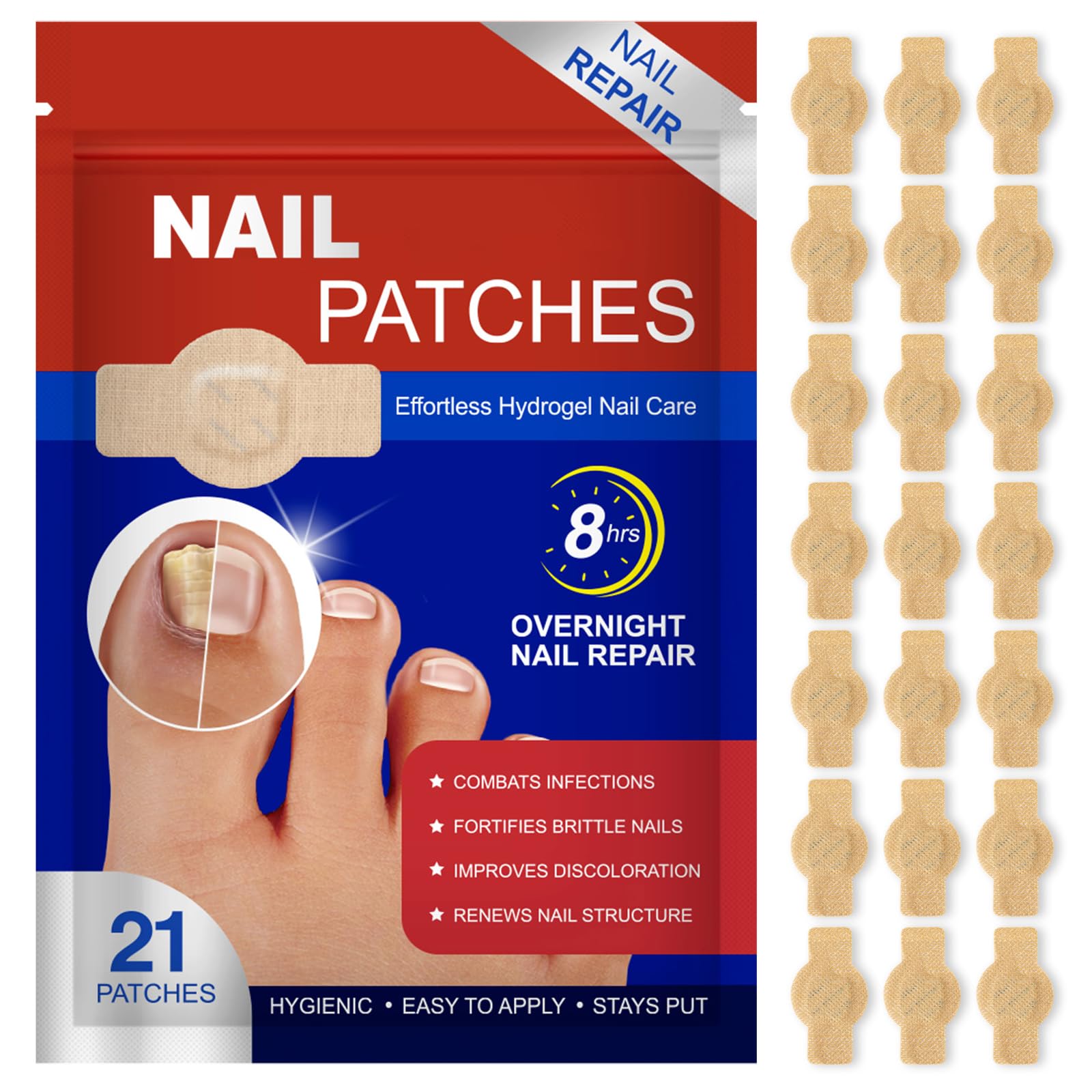 Nail Patches 21 PCS Toenail Treatment Extra Strength 8-Hour Overnight Nail Fast Acting Repair Effortless Hydrogel Nail Care and Repair for Damaged Nails Overnight Renewal for Men and Women