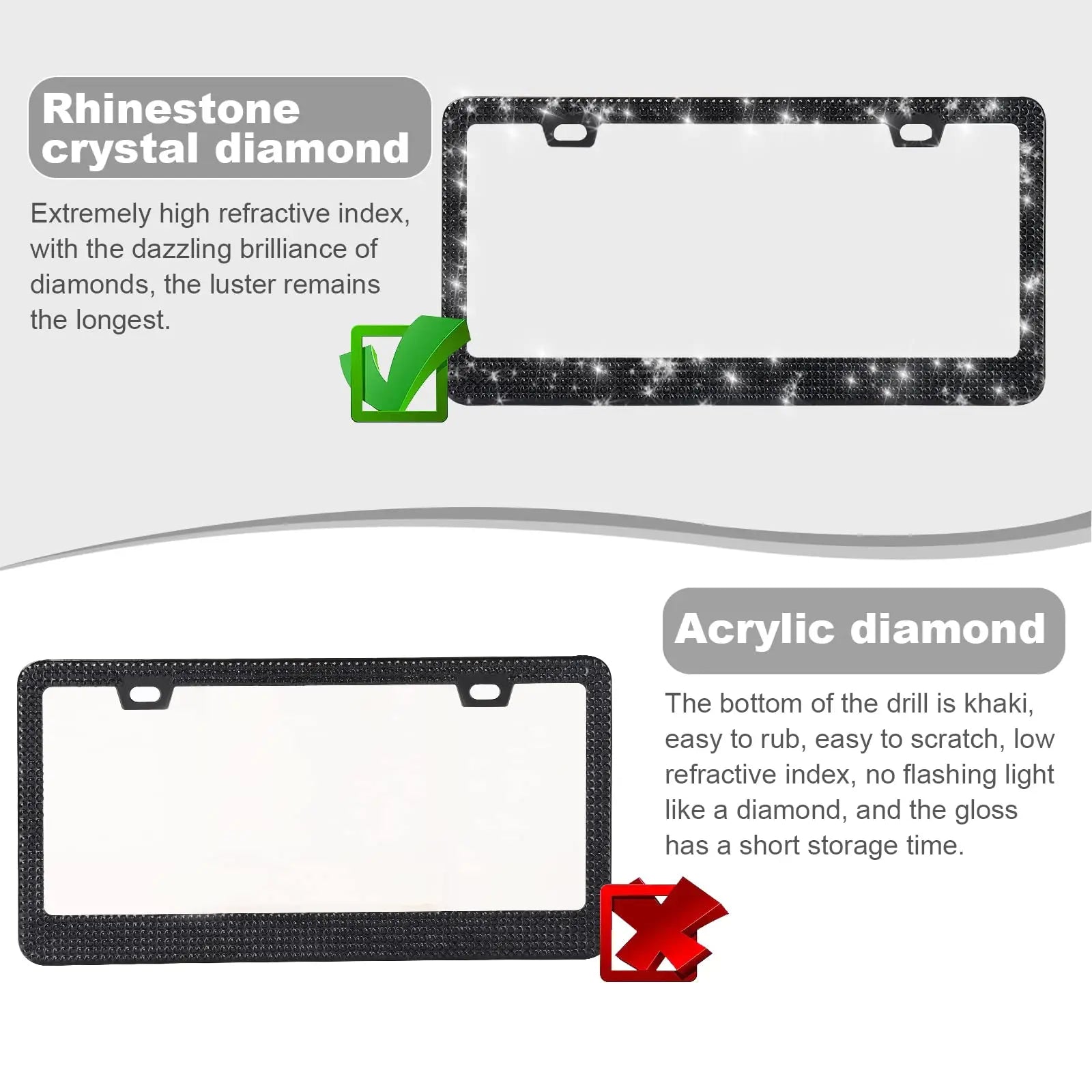 QUANQIUFEI 2 Pack Bling License Plate Frames for Women, Sparkly Rhinestone Diamond Car Accessories with Glitter Crystal Caps (Black)