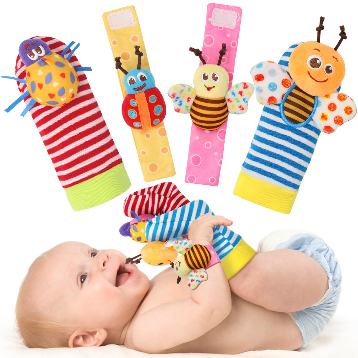 Bloobloomax Baby Rasseln Spielzeug für 0-12 Monate, Baby Mädchen Jungen Spielzeug für Babys 3-6 Monate, Neugeborenen Hand- & Fußspielzeug für 0 bis 9 Monate, Babyparty Geschenkset mit Handgelenk-Rasselsocken