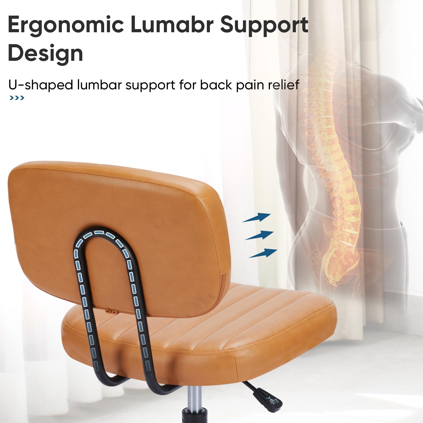 DUMOS Armless Home Office Desk Chair -Small Ergonomic with Low Back Lumbar Support, Height Adjustable PU Leather Computer Task with 360° Swivel Rolling Wheels, for Small Space, Brown