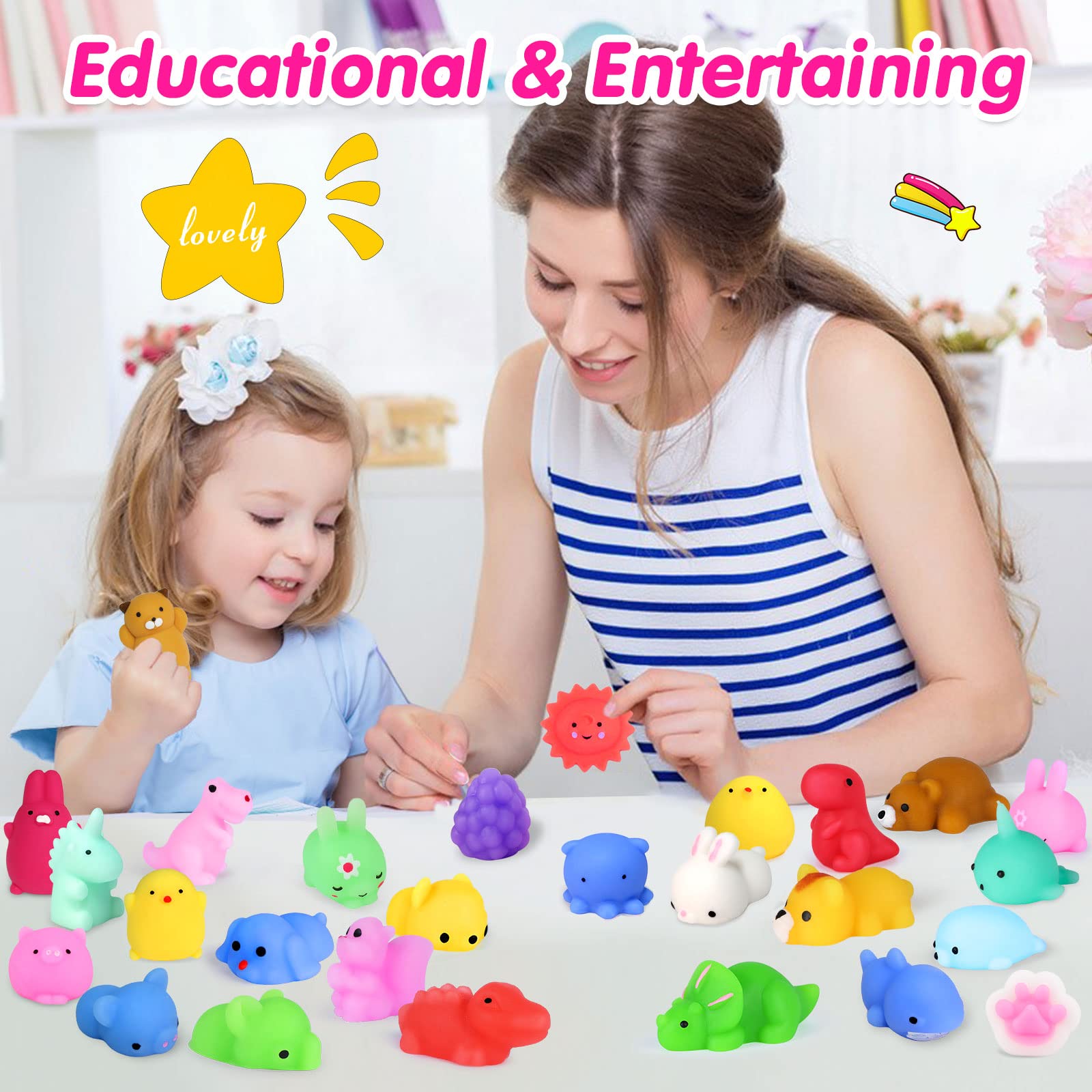 Squishies 40pcs Mochi Squishy Toys Party Favors for Kids Stocking Stuffers Mini Kawaii Squishy Treasure Box Toys for Classroom Prizes Fidget Toys Goodie Bag Christmas Easter Egg Fillers Gift for Kids