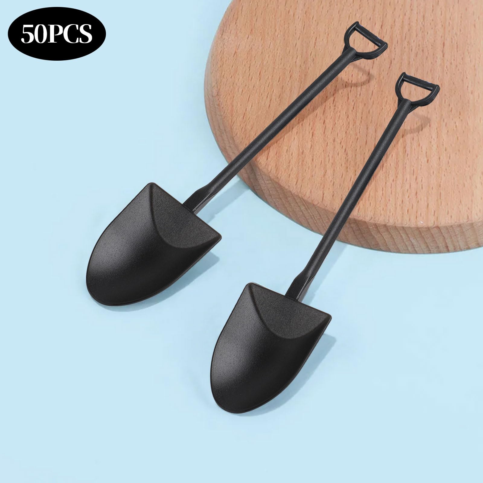 CCINEE 50pcs Mini Shovel Spoons for Desserts, Disposable Plastic Icecream Spoons Shovel Shape Cute Black Spoon for Family And Halloween Party