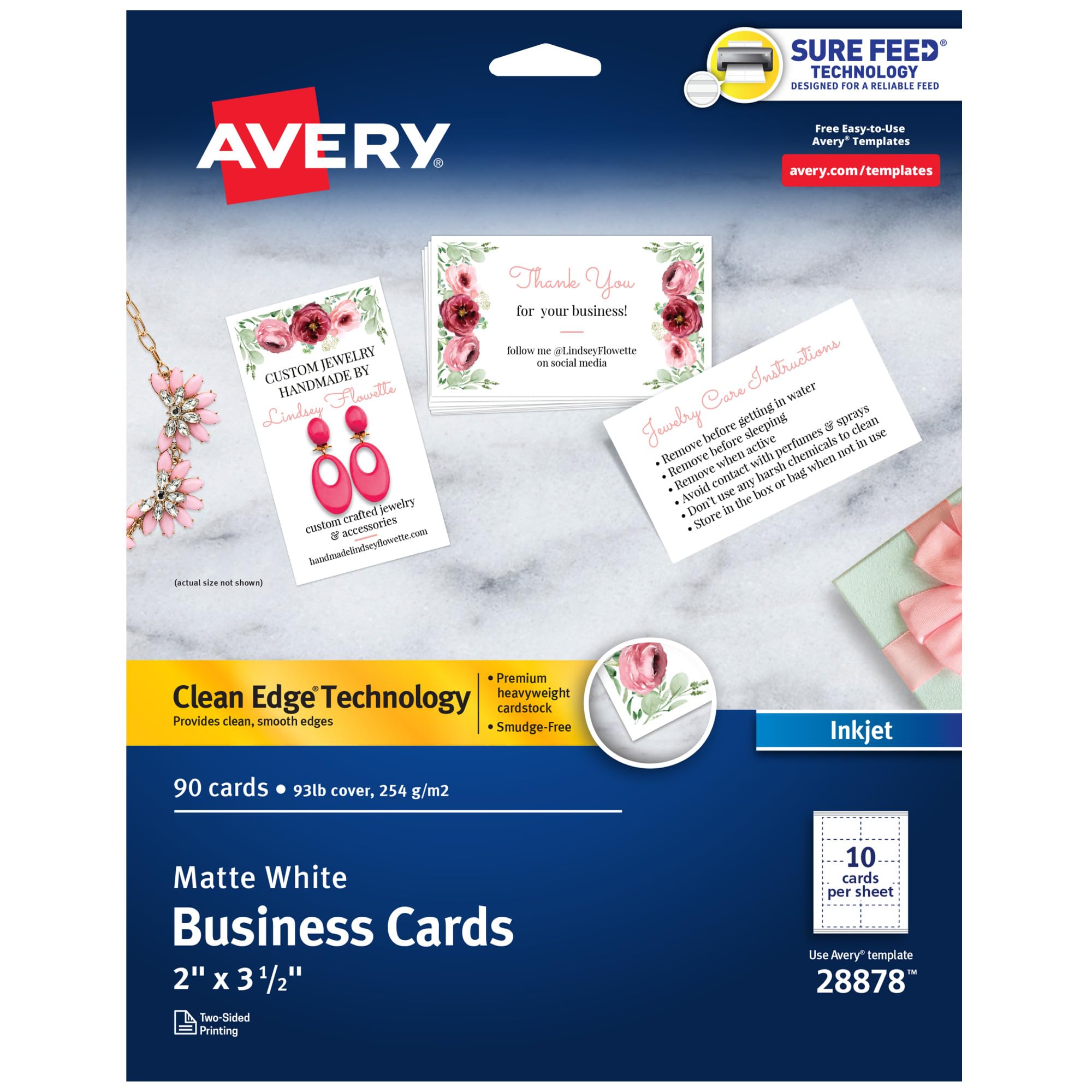 Avery Clean Edge Printable Business Cards with Sure Feed Technology, 2" x 3.5", White, 90 Blank Cards for Inkjet Printers (28878)