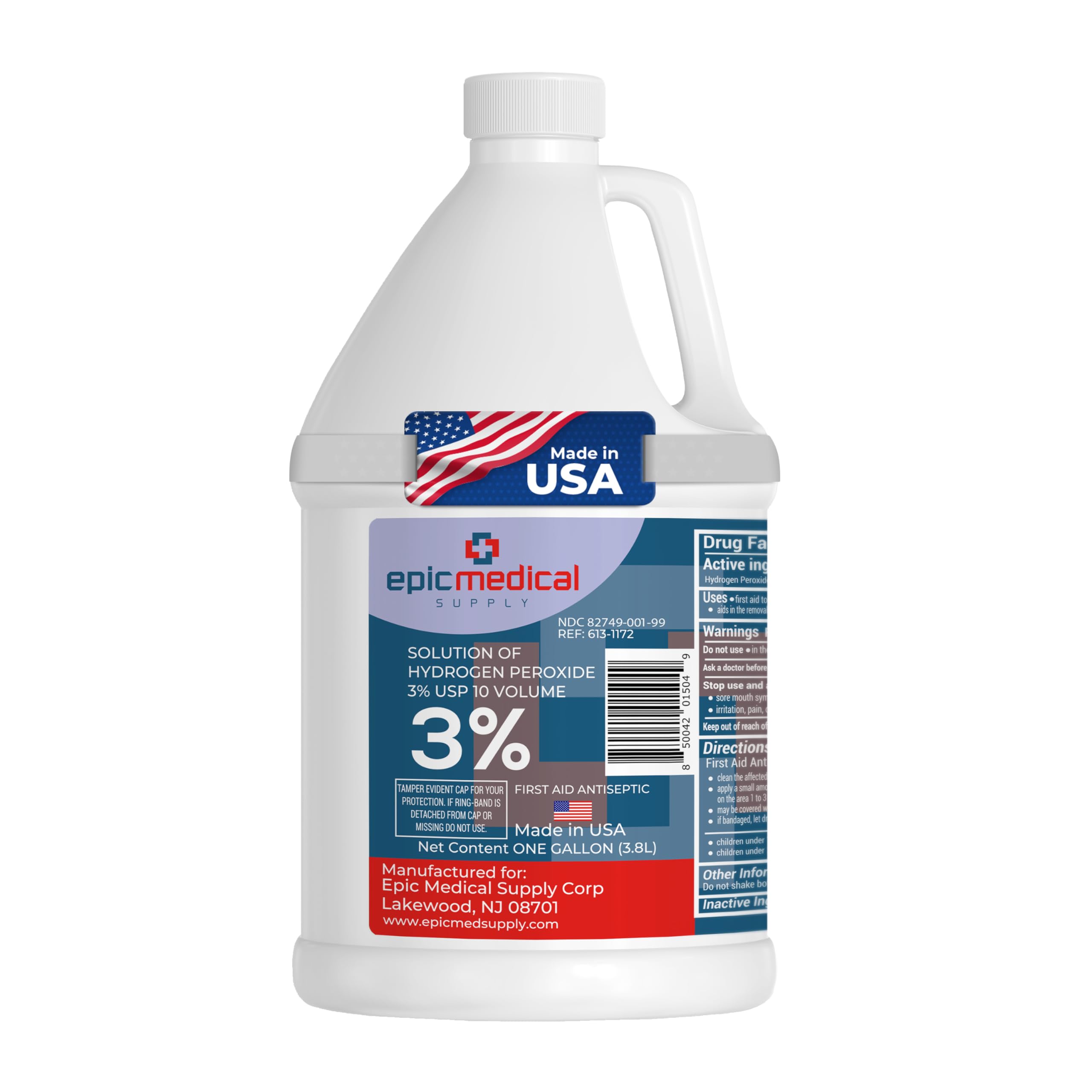 Epic Medical Supply 3% Hydrogen Peroxide - First Aid Antiseptic & Multipurpose Cleaner - Topical Wash for Cuts, Scrapes and Minor Cuts - H2O2 Hydrogen Peroxide 3 Percent USP Solution (1 Gallon)