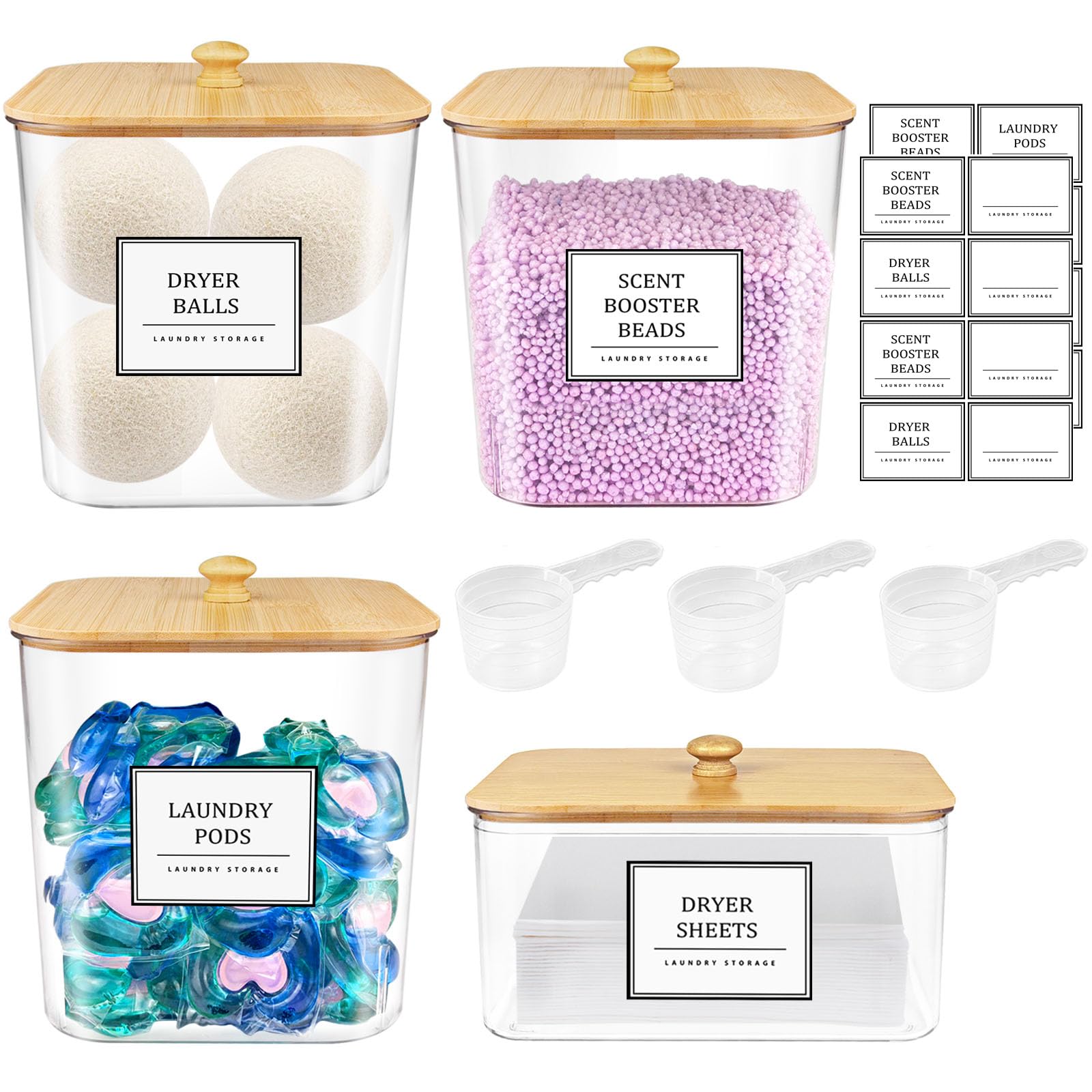 3+1 Pack Laundry Pods Container,Clear Laundry Room Organization Containers,Large Laundry Detergent Powder Storage Containers with Wooden Lids & Labels,Laundry Pods Holder for Scent Booster,Powder,Pods