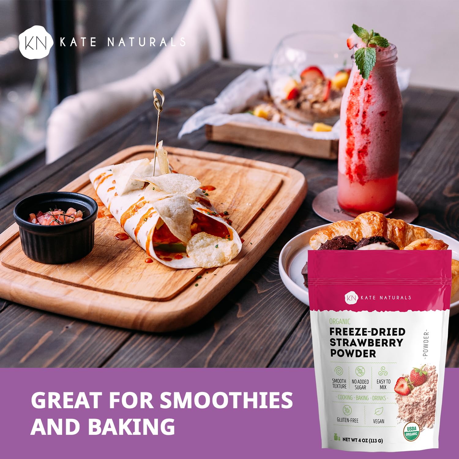 Kate Naturals Organic Freeze Dried Strawberry Powder for Baking & Drinks. Natural Strawberry Flavoring for Cakes, Icing & Smoothies (4oz, No Added Sugar)