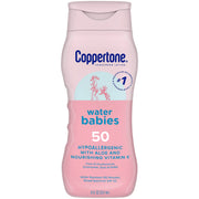 Coppertone WaterBabies Baby-Sonnencreme Lotion LSF 50, hypoallergene Sonnencreme für Babys, wasserfest, von Kinderärzten empfohlen, 237 ml Flasche