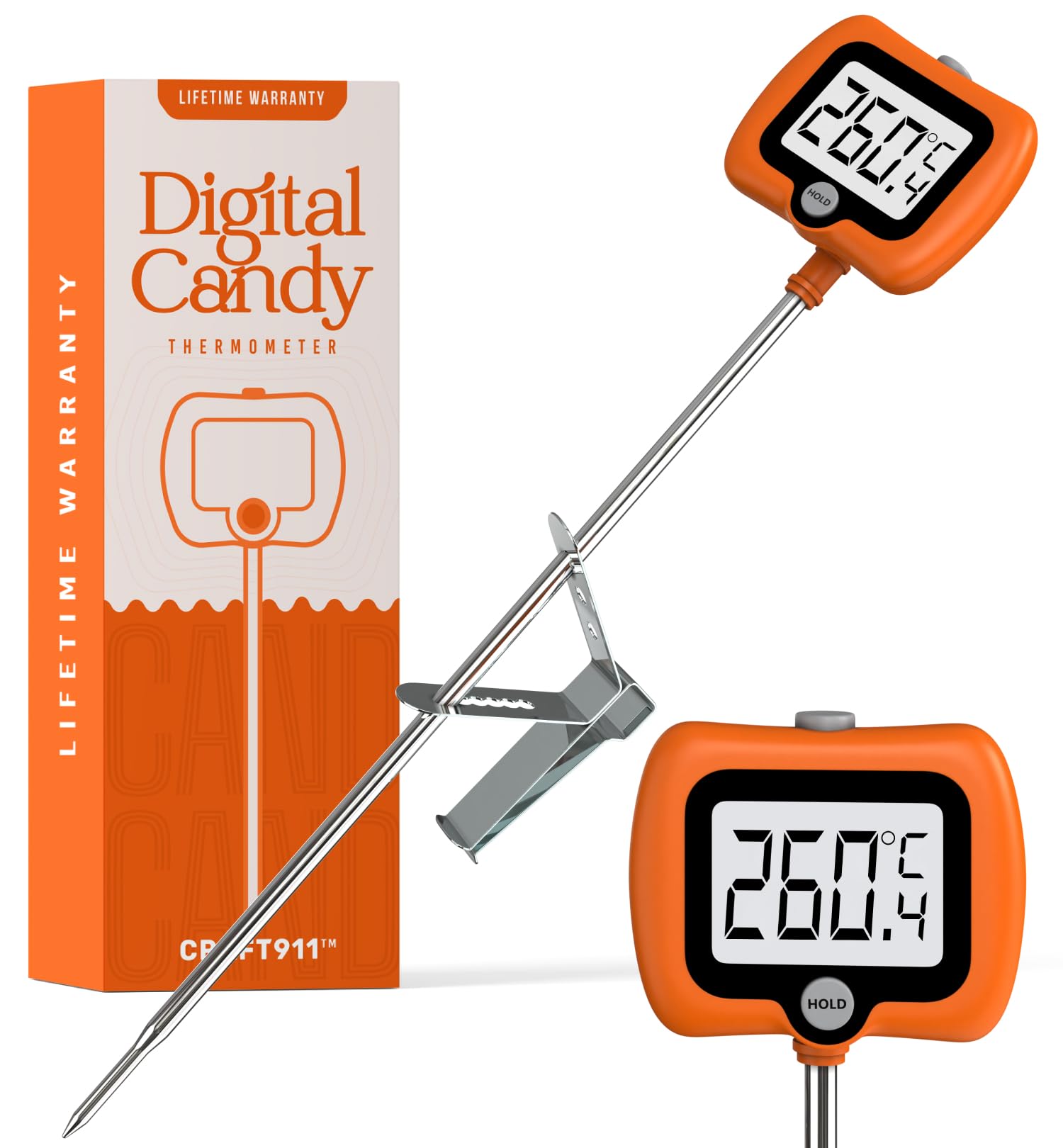 Digital Candy Thermometer with Pot Clip, Instant Read Kitchen Thermometer for Cooking, Baking, and Candy Making - 10" Stainless Steel Probe, LCD Display, Essential Baking Tool