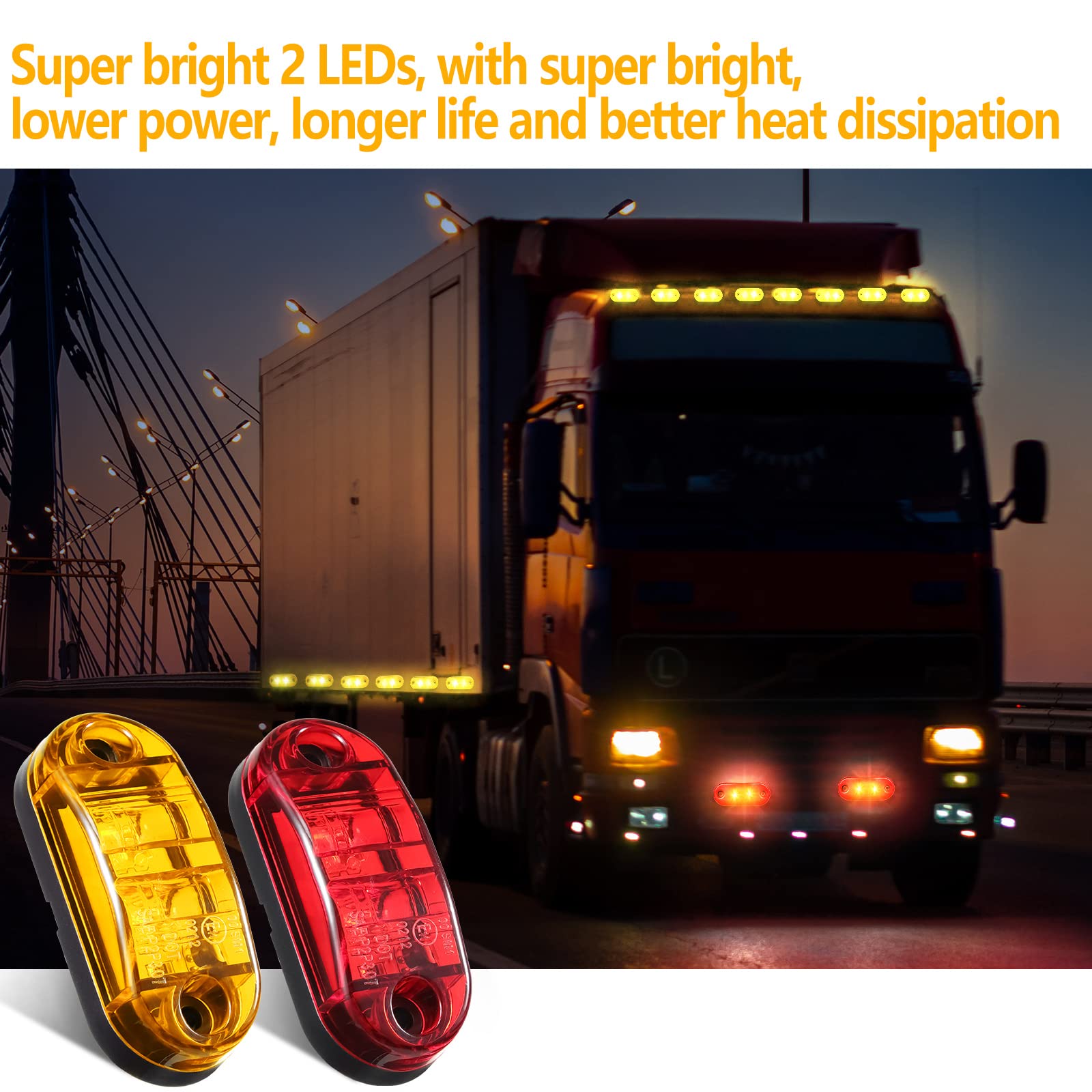 Tallew 10 Pcs 2.5 Inch LED Trailer Lights 2 Diode Waterproof LED Trailer Side Marker Oval Signal Running Lights for Truck Boat Rv(Amber, Red)