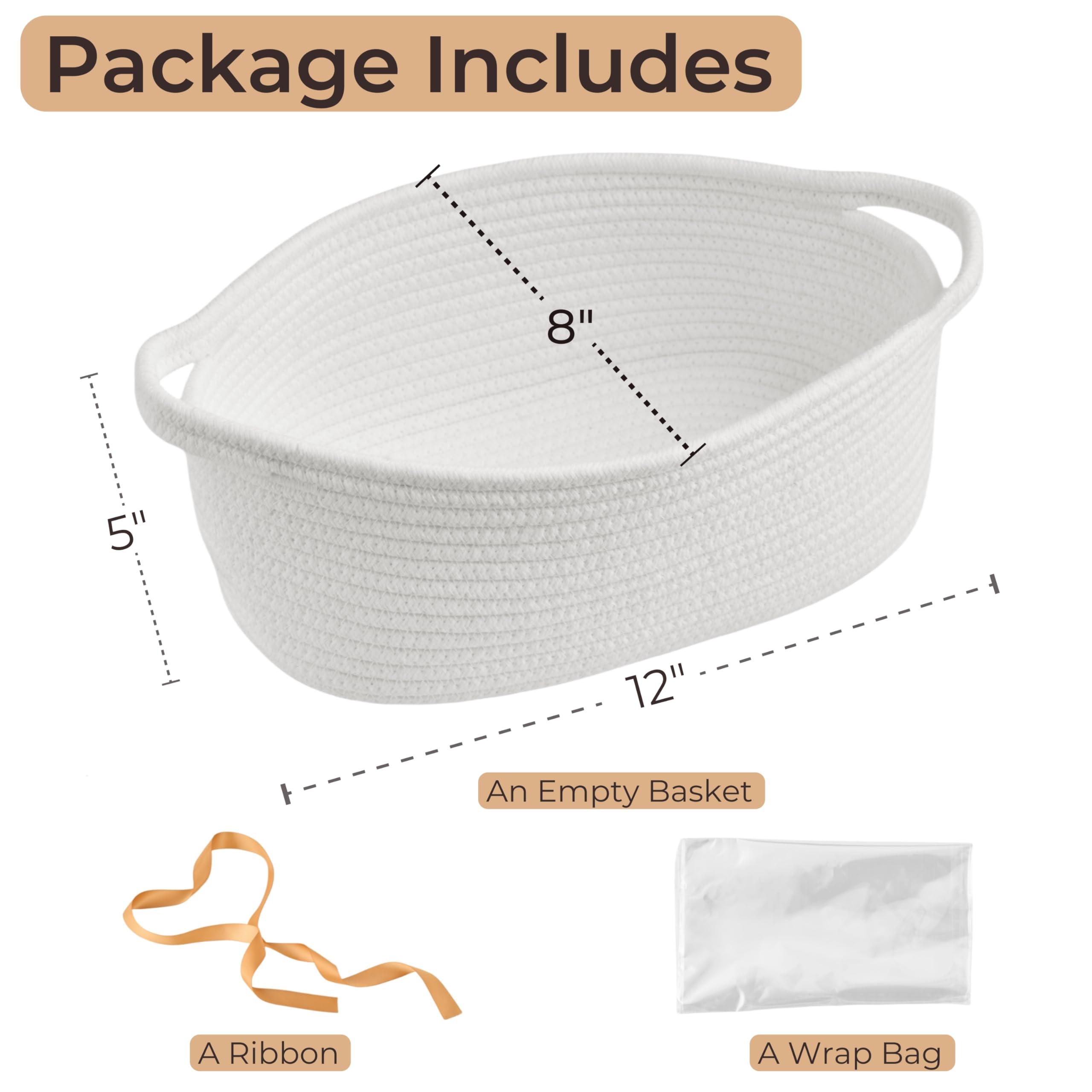 Gift Basket with Wrap Bag & Ribbon – Empty Small Woven Basket (12"x8"x5"), Cute Decorative Storage Organizer for Baby Showers, Pets, Toys, Shelves and More – White