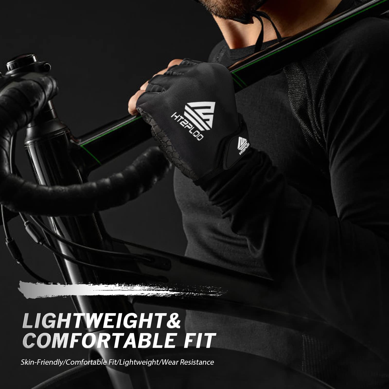 HTZPLOO Bike Gloves - Cycling & Biking Gloves for Men & Women with Anti-Slip, Shock-Absorbing Pad, Light Weight, Nice Fit, Half Finger (Black, Large)
