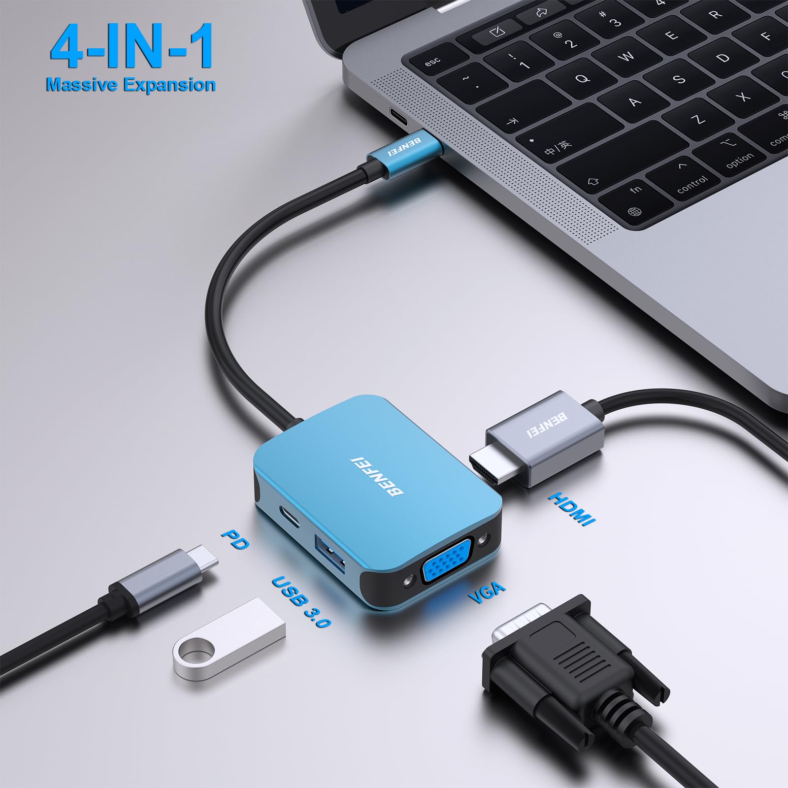 BENFEI USB C HUB 4-in-1, USB Type-C to HDMI VGA Adapter, USB C to USB Adapter, USB Type-C Power Delivery, Compatible with iPhone 15 Pro/Max, MacBook Pro/Air 2023, iPad Pro, iMac, S23, XPS 17