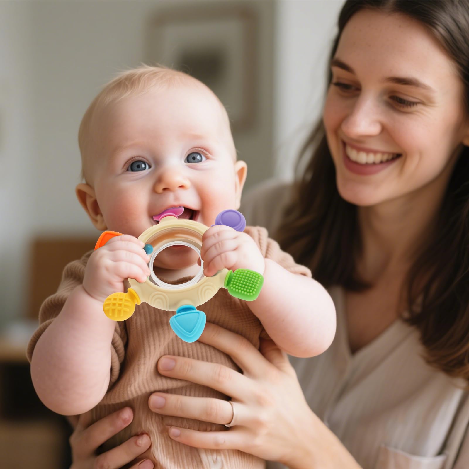 VTECHOLOGY Baby Teething Rings Toys for 0-6 6-12 Months Baby Rattle Teether Sensory Toys for Babies 0-24Months Silicone Teether Relief Chew Soothing Sore Gums for Newborn Infant Essentials BPA Free