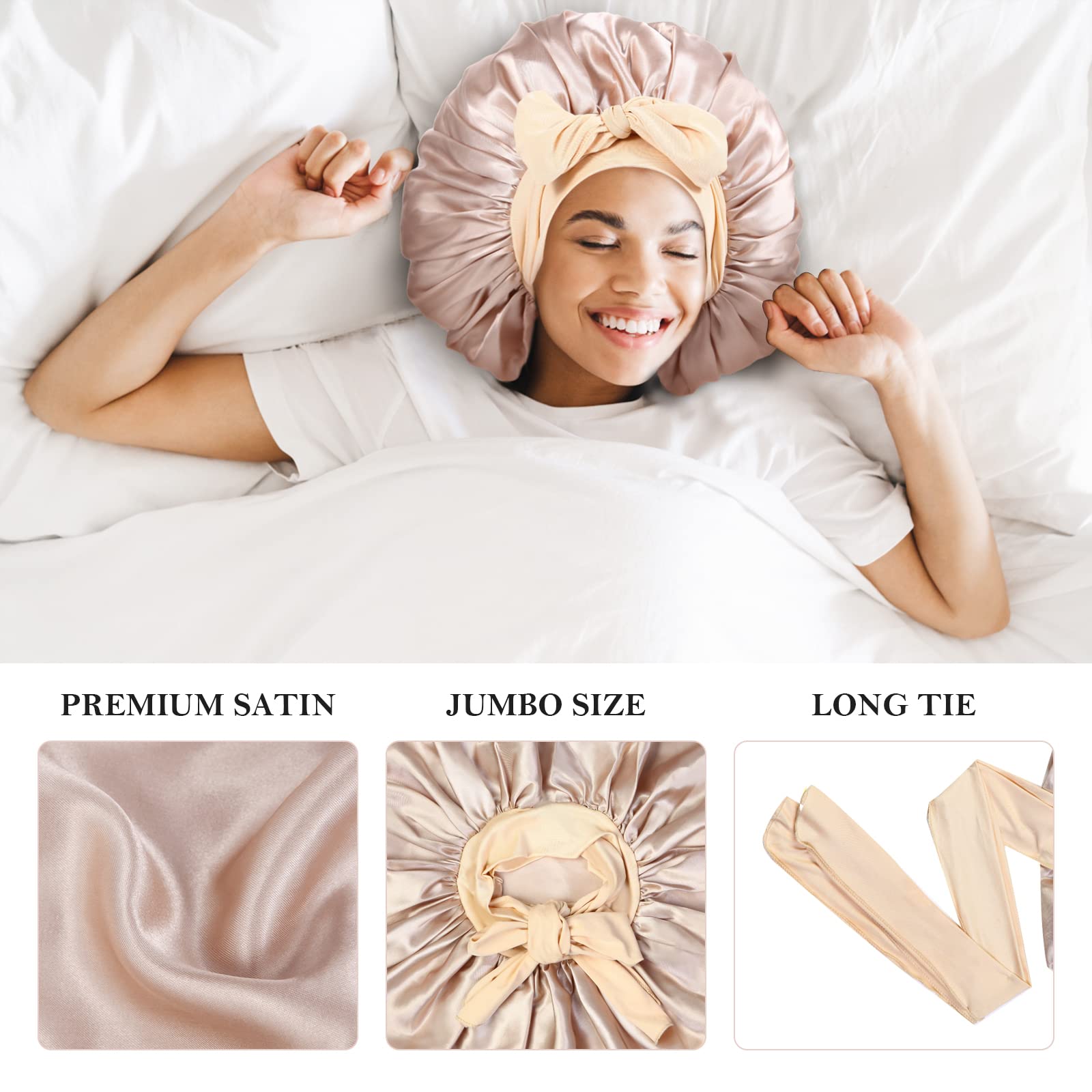 3Pcs Bonnets for Sleeping, Extra Satin Silk Bonnet for Sleeping Women with Tie Band for Curly Hair Jumbo Bonnet Braids
