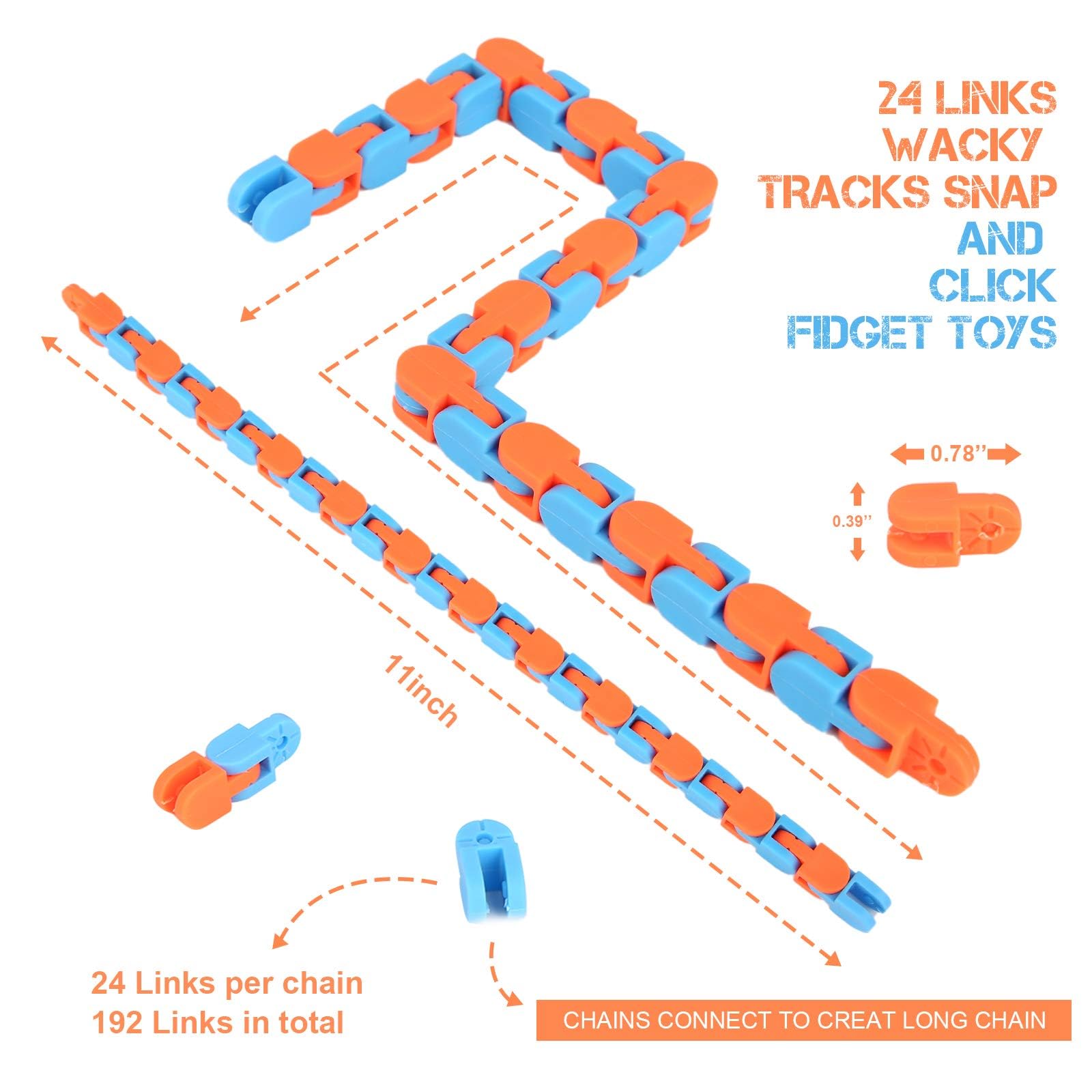 8Pcs 24Links Fidgets Wacky Tracks Fidget Toys for Kids Classroom Students Gifts School Stocking Stuffers Plastic Sensory Autism Snap Fidget Click Snake Toys for Adults Travel Stress Relief 11inch