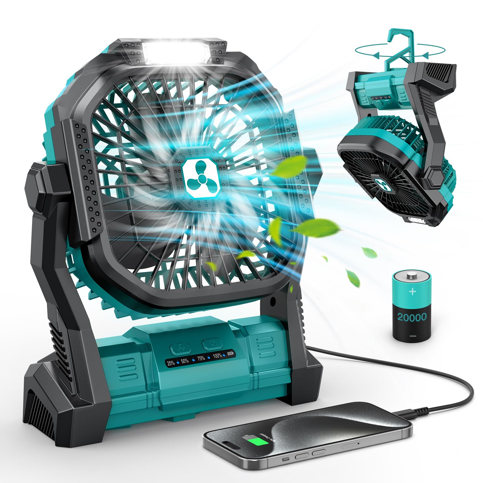 Portable Fan Rechargeable, 20000mAh Cordless Battery Powered Fan with LED Lantern, USB C Battery Operated for Travel Bedroom Home Camping Tent Office Beach Desk Fishing Table