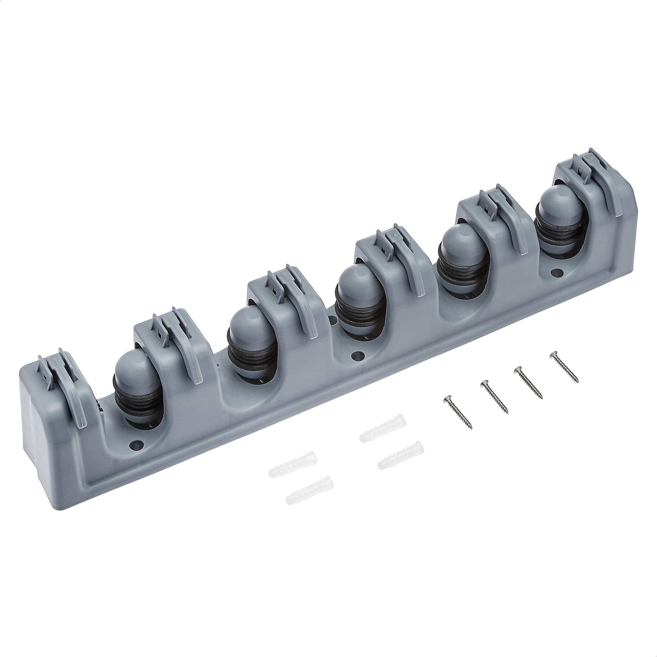 Amazon Basics Rectangular Heavy Duty, Wall Mount Storage Broom, Mop Holder or Tool Organizer with Hooks and Slots for Home, Garage, Garden, Laundry, or Kitchen, 2.36 x 16.9 x 3.35 in, Gray