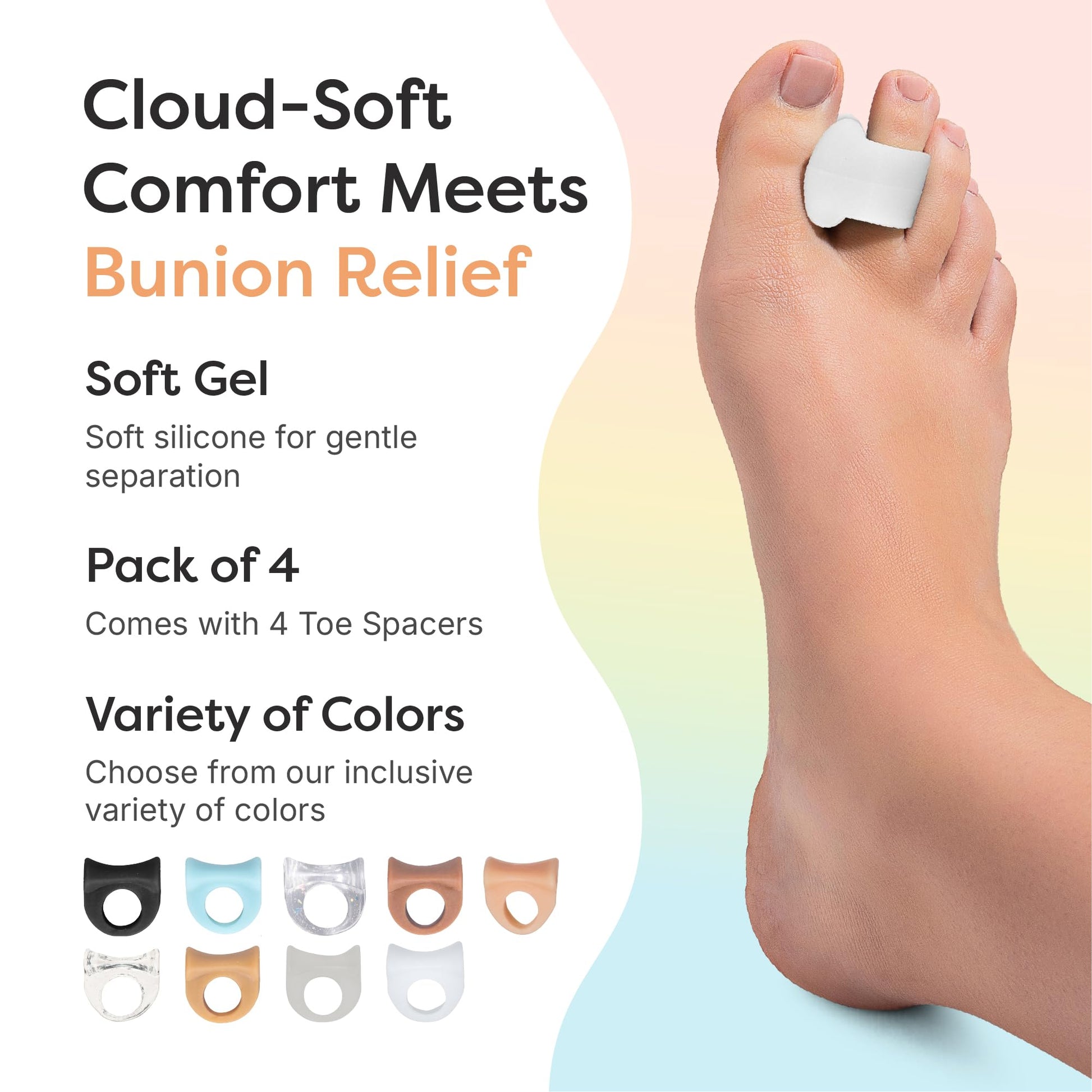 ZenToes Gel Toe Separators for Overlapping Toes, Bunions, Big Toe Alignment, Corrector and Spacer - 4 Pack (White)
