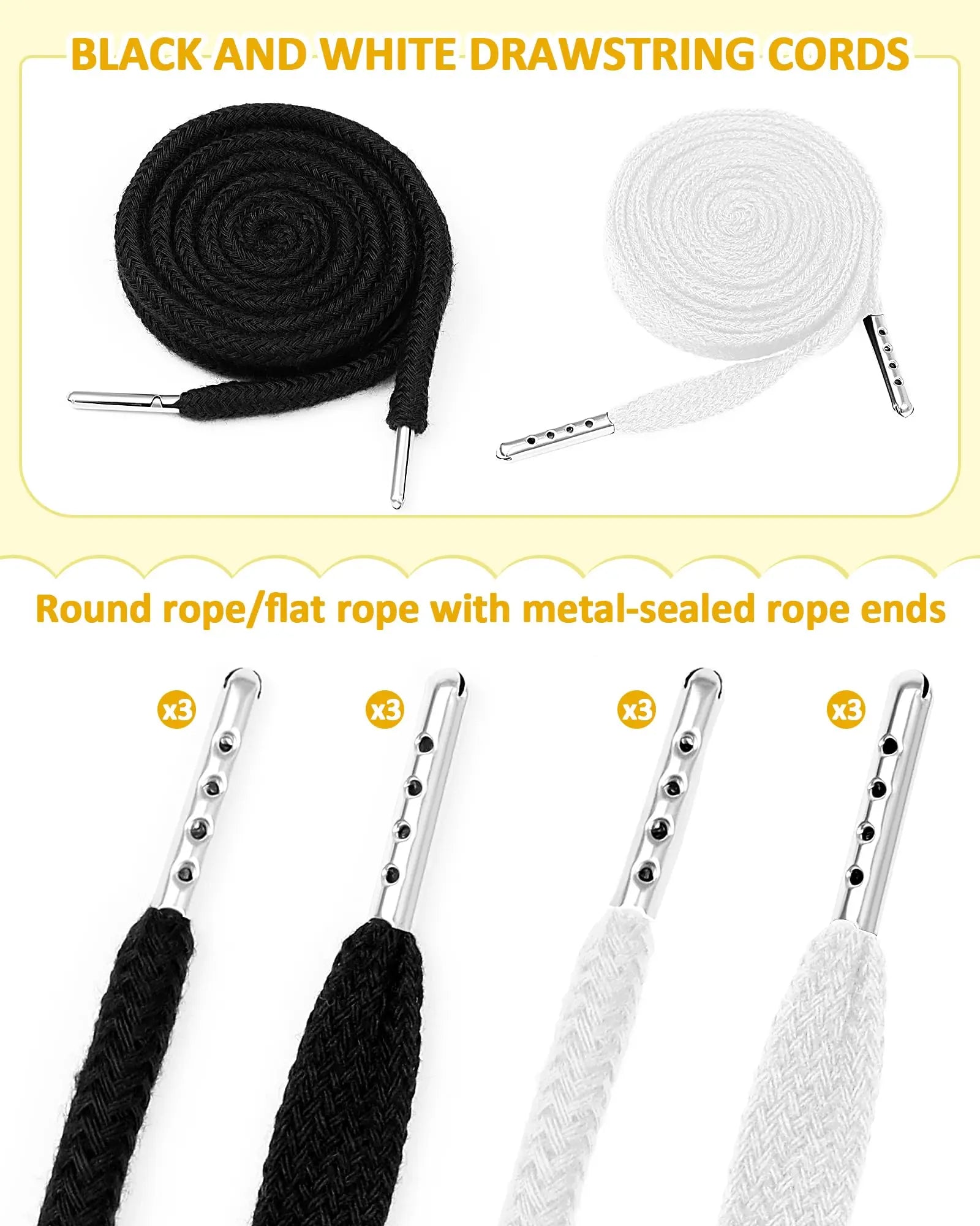 FIVEIZERO 16pcs Drawstring Cord Kit-12pcs Hoodie Strings (Flat & Round,Black & White) with Drawstring Threader Tools,Bodkin,Rope Threader–Draw String Replacement for Pants,Shorts,Shoes,Sweatpants,Bag