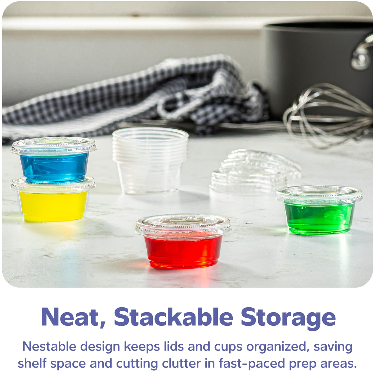 GUSTO [2 oz.-100] Count Clear Disposable Plastic Portion Cups with Lids - Soufflé Cups, Jello Shot Cups With Lids, Clear Plastic Containers Perfect for salad Dressing and More- Formerly Comfy Package