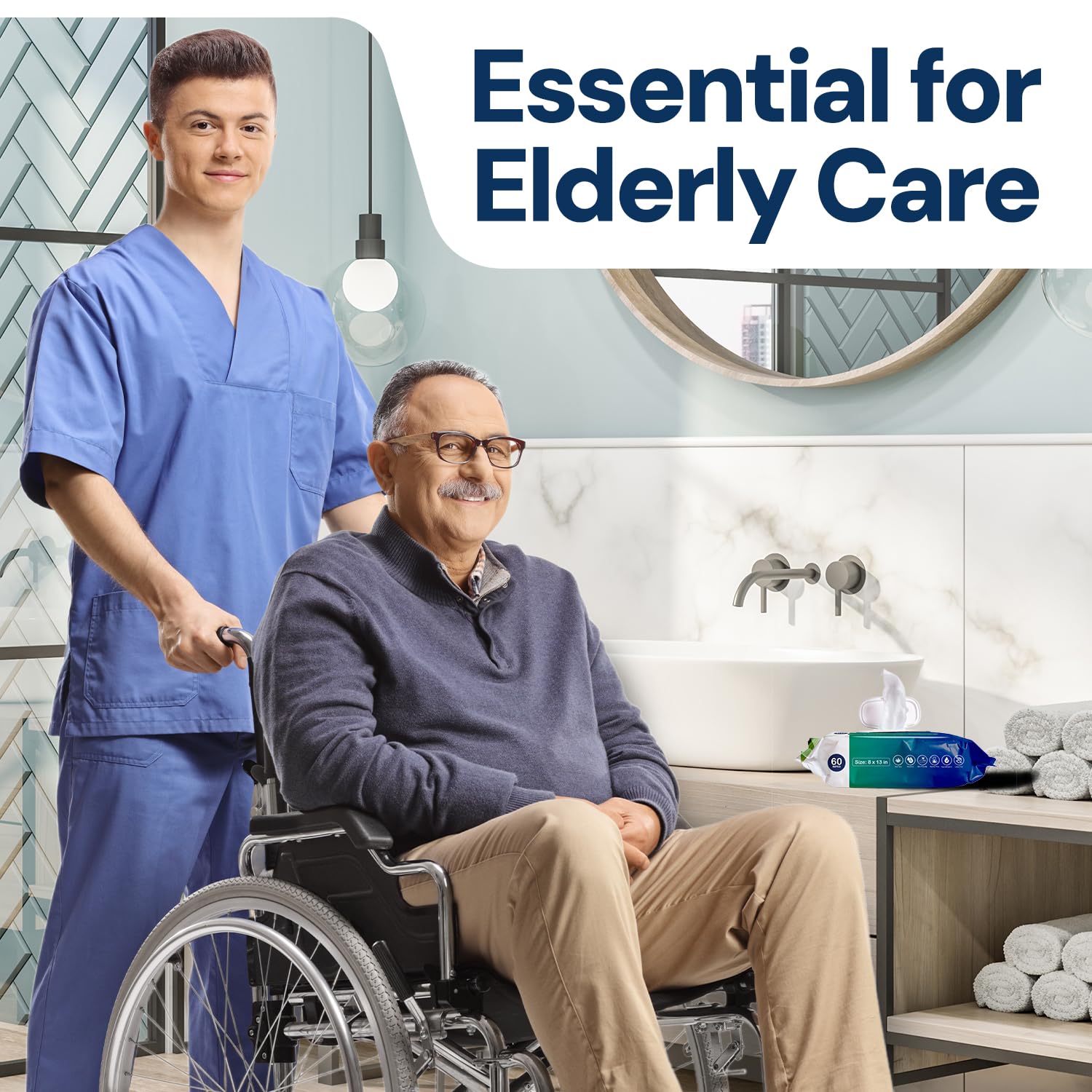 Adult Wipes For Elderly - 8"x13" Extra Large & Soft Wet Wipes for Adults Bathing No-Rinse - Incontinence Disposable Washcloths, Vitamin E & Aloe Infused for Men & Women 720ct (12 Packs of 60)