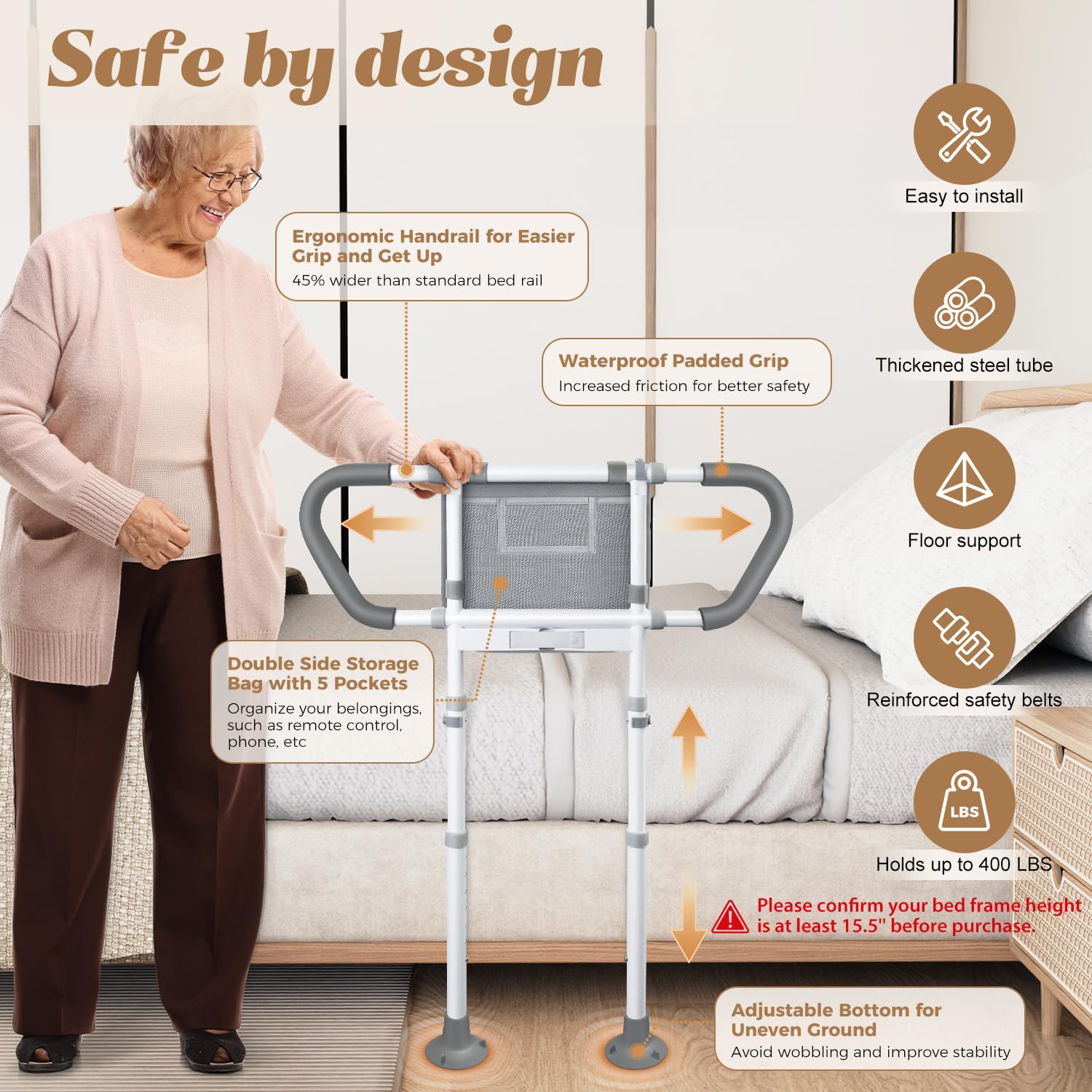 Bed Rails for Elderly Adults Safety: Adjustable Bedside Assist Rails with Storage Pockets, Non-Slip Handles, Sensor Night Light, 400LB Gravity Capacity (Compatible with Bed Frames 15.5" or Highe)