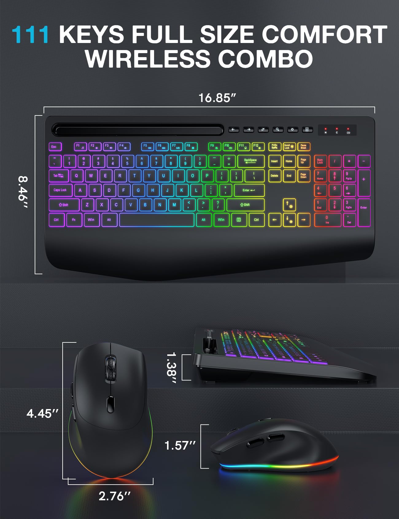 Wireless Keyboard and Mouse Combo - 9 Backlit Effects, RGB, Ergonomic Wrist Rest, Phone Holder, 2.4G Full Size, Rechargeable, Sleep Mode, Quiet Keyboard Set for Computer, PC, Laptop, Mac, Windows