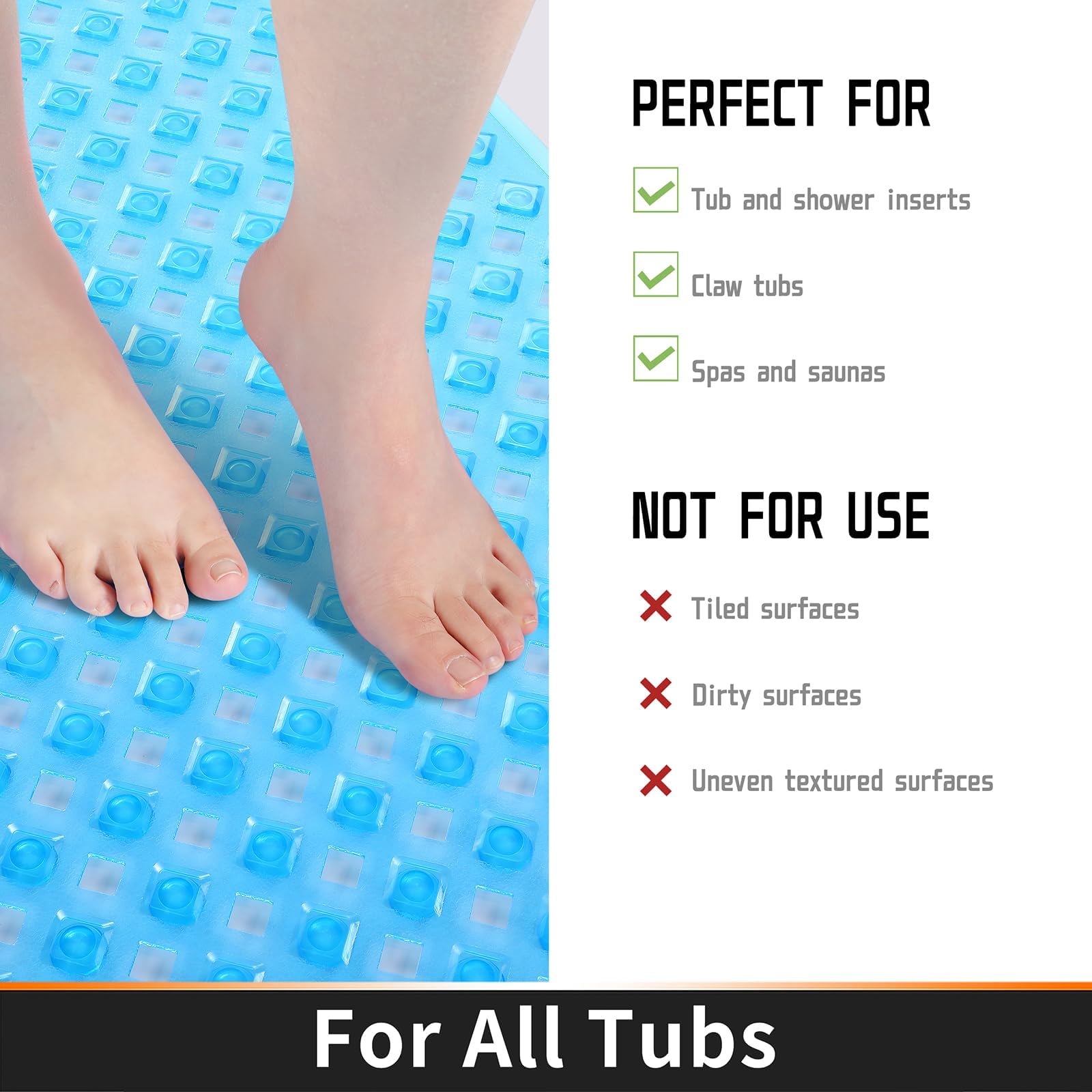 Yimobra Non Slip Bath Mat, Super Strong Suction Cups,34.5"x15.5"Long Tub Mat with Drain Holes, Machine Washable Fast Draining Shower Mats, Bathroom Essentials,Clear Blue